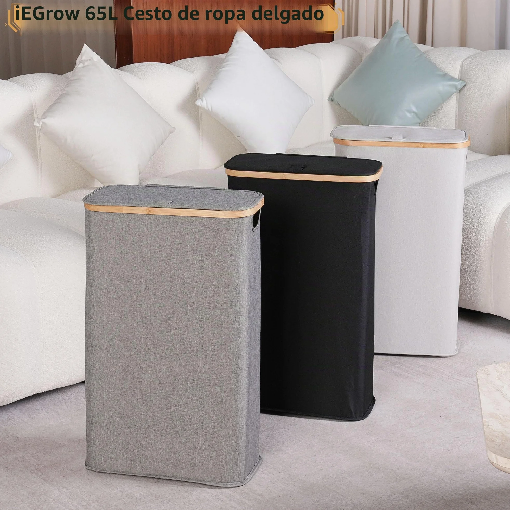 Cesto Ropa Sucia Bambú 60L con Tapa, Cesta Delgado con Bolsa Interior Extraíble, Laundry Basket Plegable para Lavadero Dormitorio Gris claro