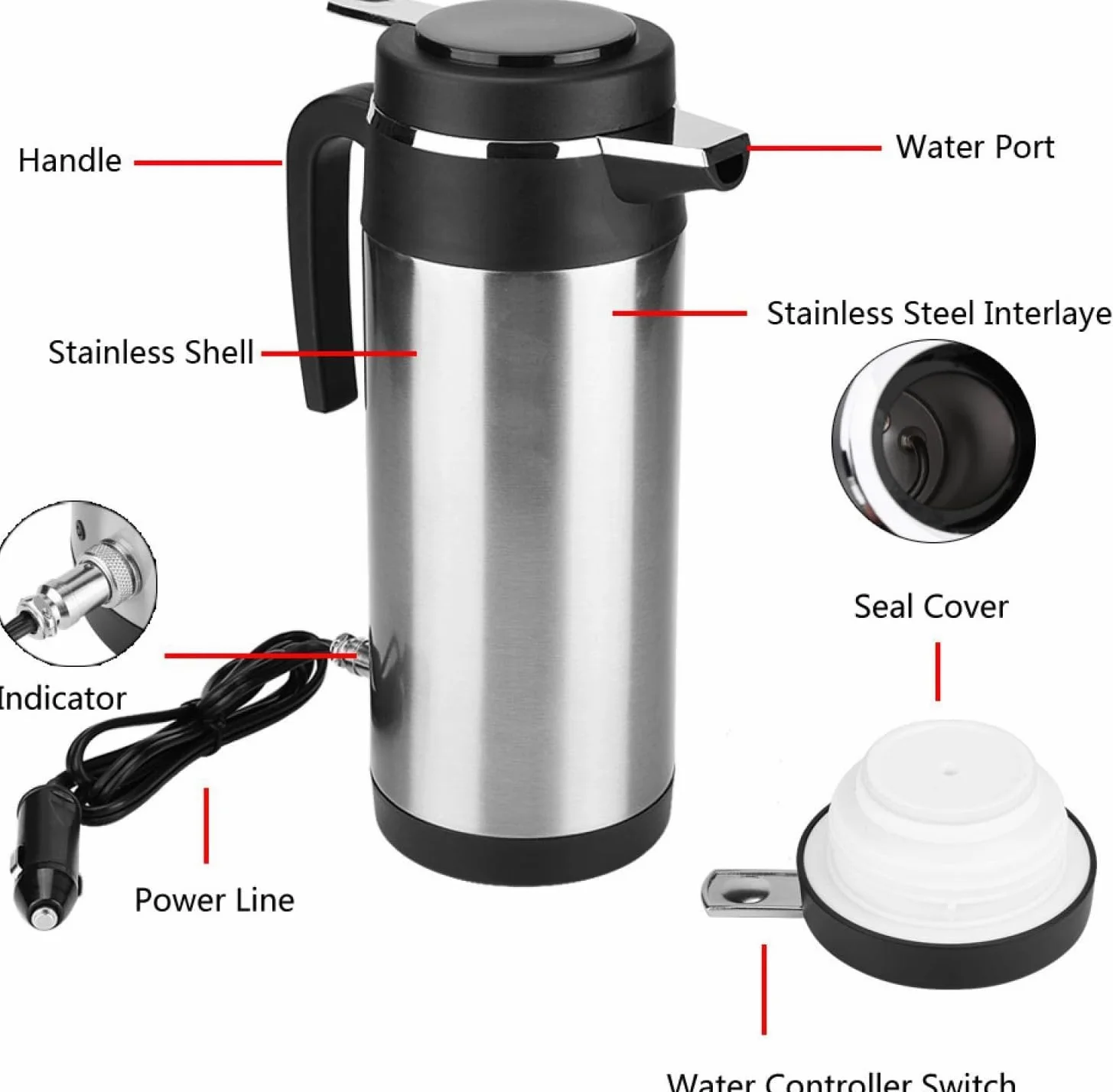 Termos eléctricos, 1200ML 12V / 24V Hervidor eléctrico de acero inoxidable en el coche Termos de viaje Botella de agua de calefacción(Plata) for termo cafe electrico,hervidor de agua para camion,calen