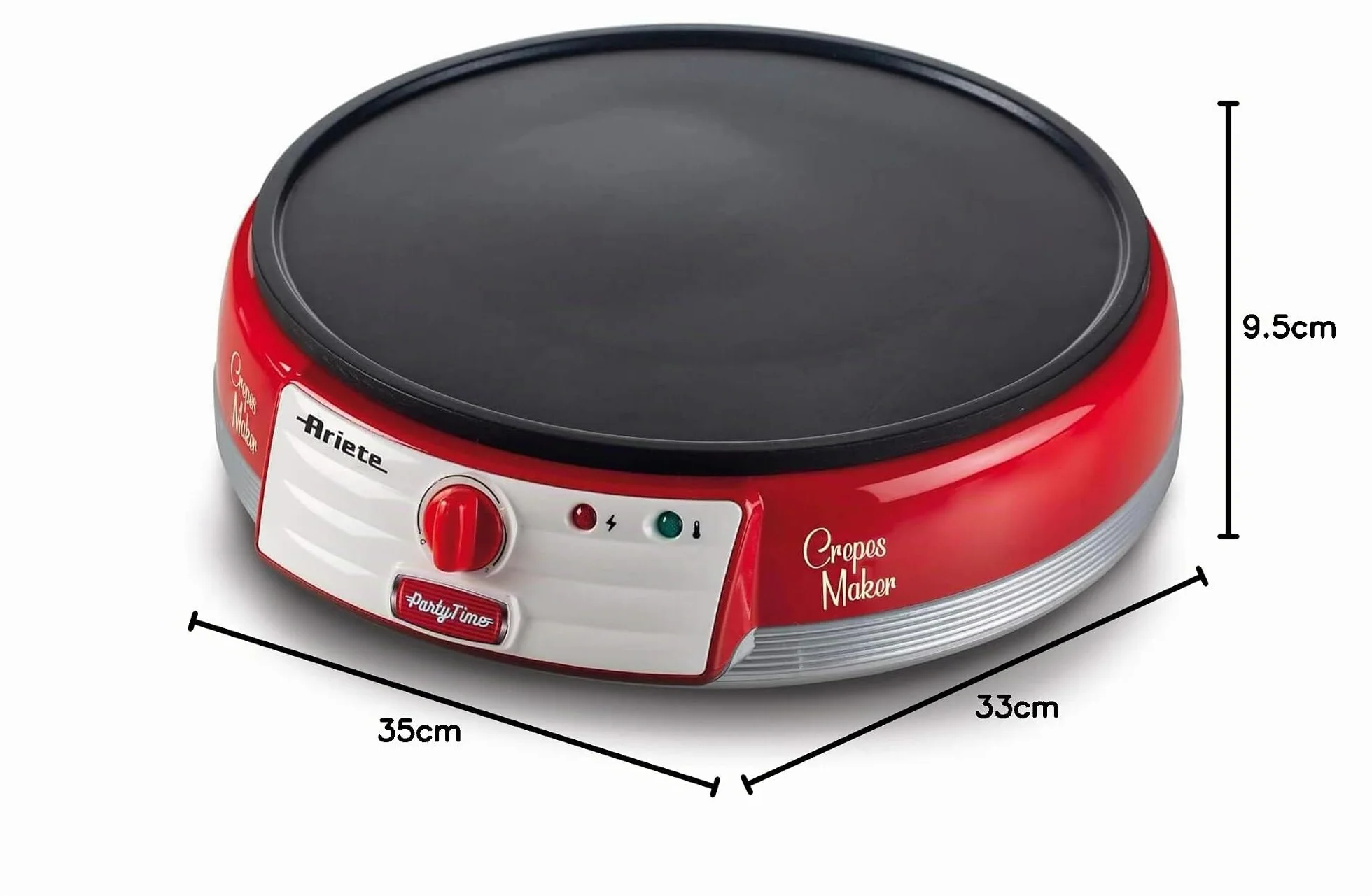 Ariete 202, Crepes Maker Party Time, plancha para crepes antiadherente, 2 espátulas de madera, recetario, 1000 W, rojo