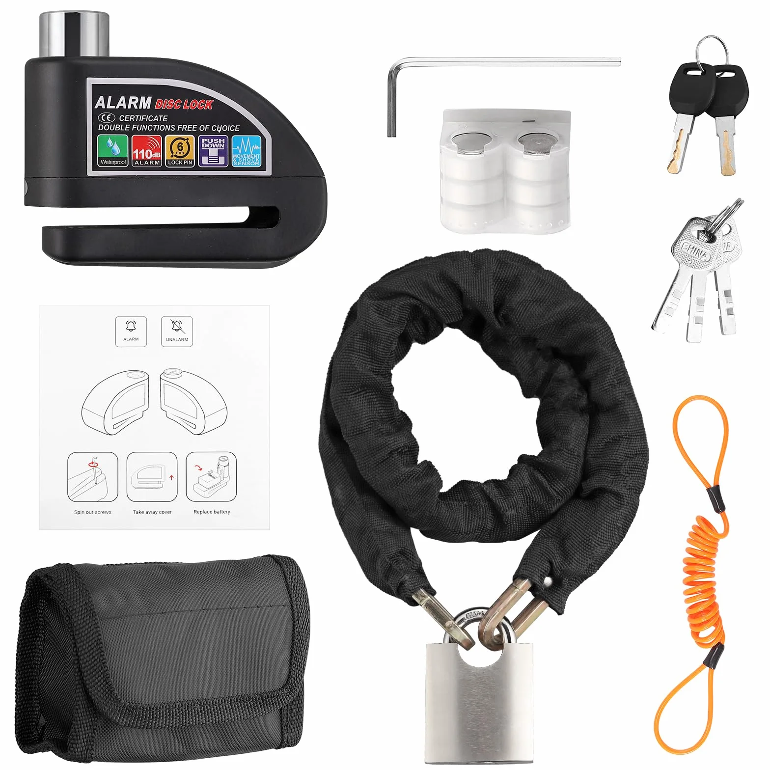 Justech Candado Moto Disco 110 DB Alarma 2 Modos + Candado Cadena Cable Recordatorio Bolsa Transporte Antirrobo Impermeable Alta Seguridad