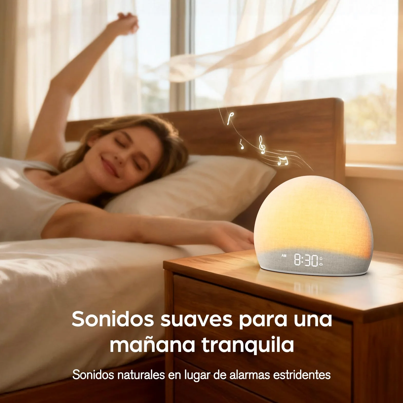 DOUMOSH Despertador con Luz de Amanecer y Máquina de Ruido Blanco | Luz Natural con Alarma Suave, 20 Sonidos Relajantes, Pantalla Regulable, Diseño sin Pantalla