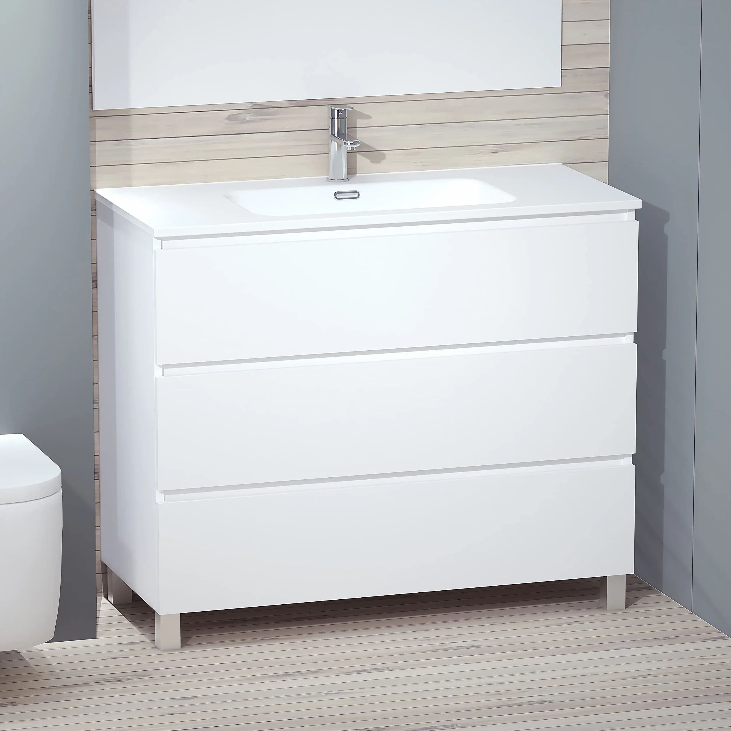BAIKAL Conjunto de Mueble de Baño LESI. Compuesto por Mueble con Patas y Lavabo Cerámico. Tres Cajones. Melamina 16mm. Mueble MONTADO. Fondo 46cm 100 cm Blanco Mate