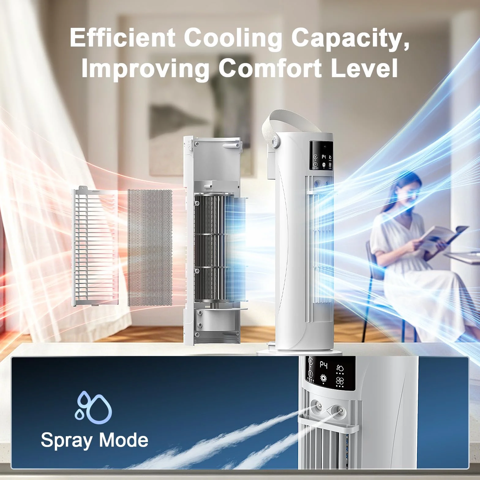 Aire Acondicionado Portátil – Mini Aire Acondicionado con Función de Refrigeración y Humidificación, 4 Niveles de Temporizador, Salida de Aire Oscilante de 120°, Oficina, Dormitorio（Blanco perla）