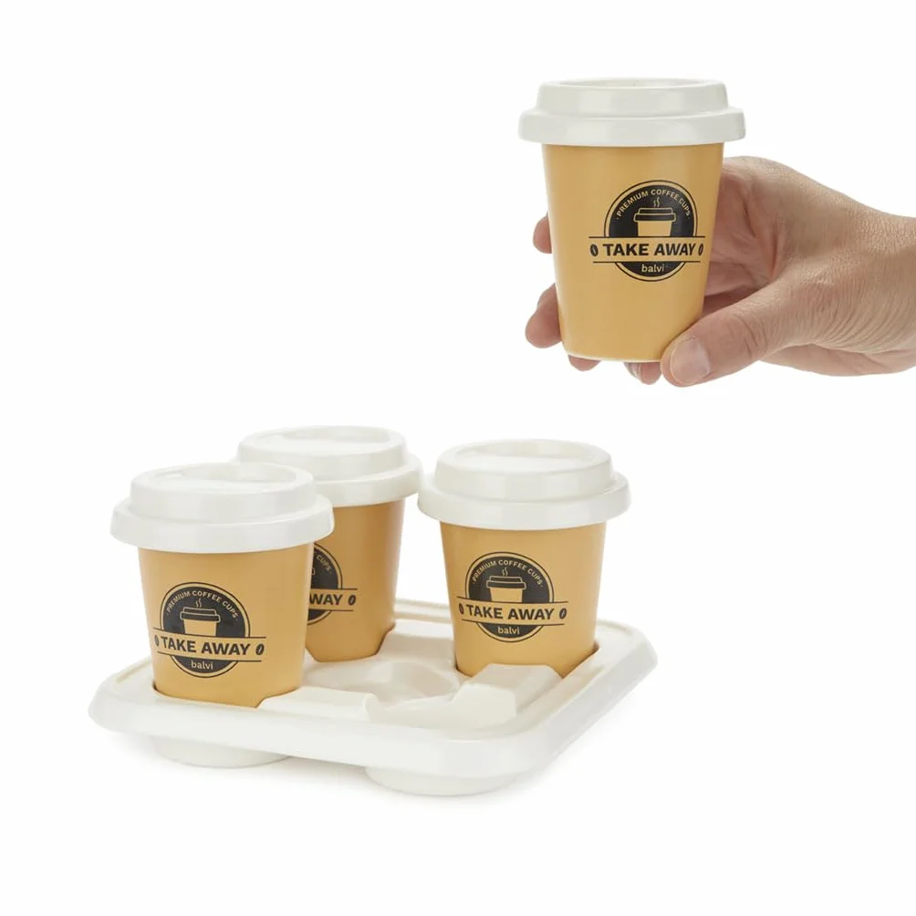 Balvi Set Tazas café Take Away Color Marrón, Blanco Incluyen una Bandeja de Porcelana Porcelana 75 ml