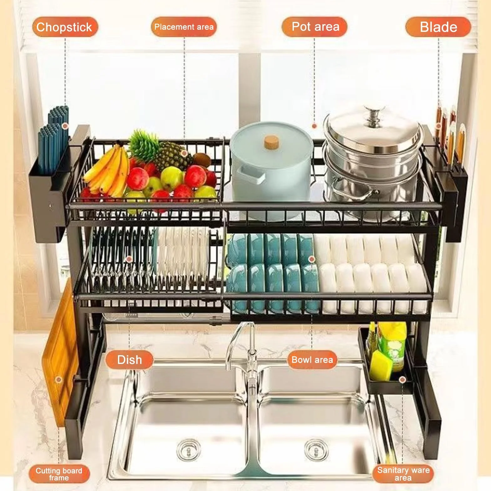 Escurridor de platos sobre el fregadero, escurridor de platos grandes, para fregaderos, estantes para fregaderos de cocina, estantes de secado para encimera de cocina, estante de 2 niveles