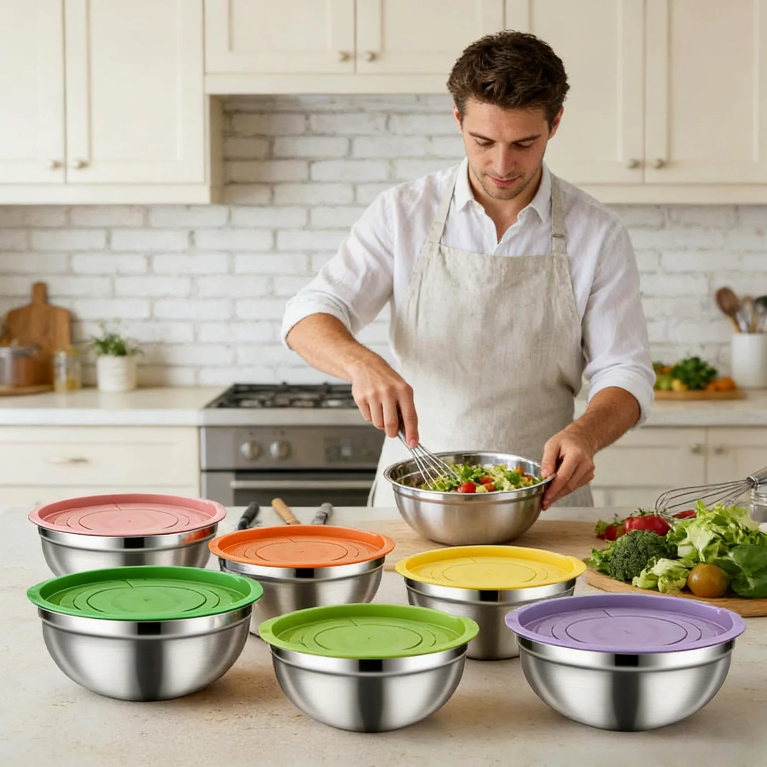 Juego de Bol para Mezclar con Tapa Herméticas de Acero Inoxidable, Juego | Organizador De Alimentos Con Tapa para Cereales, Snacks, Huevos, Aderezos, Verduras, Masa y Frutas