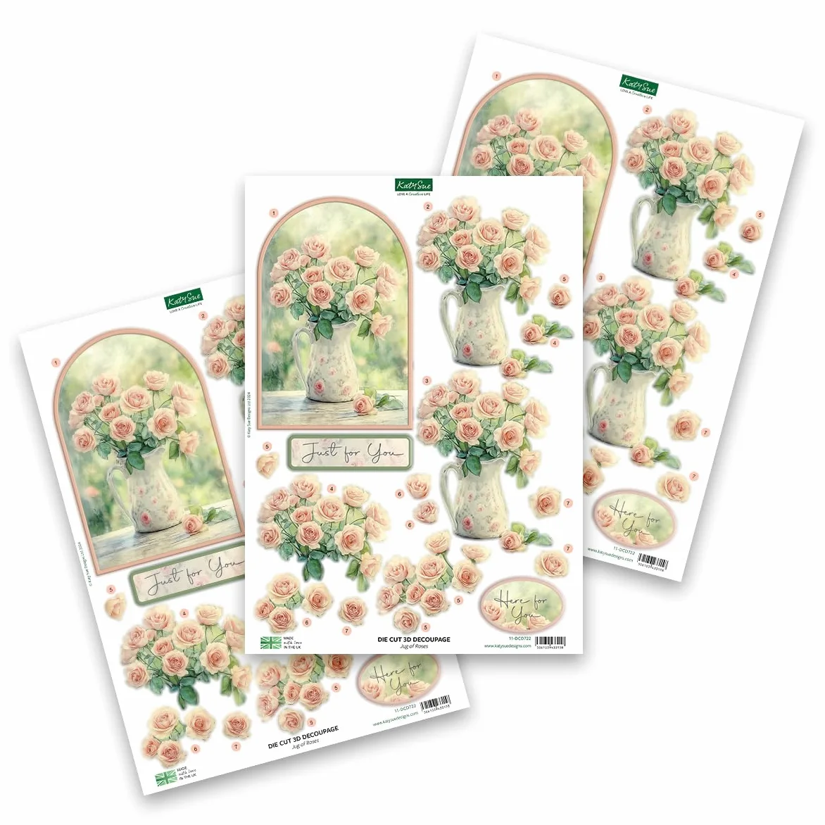 Katy Sue Thinking of You - Paquete de decoupage troquelado 3D. Un paquete de 12 hojas de troqueles para suministros de fabricación de tarjetas con lirios, lavanda, rosas y hortensias