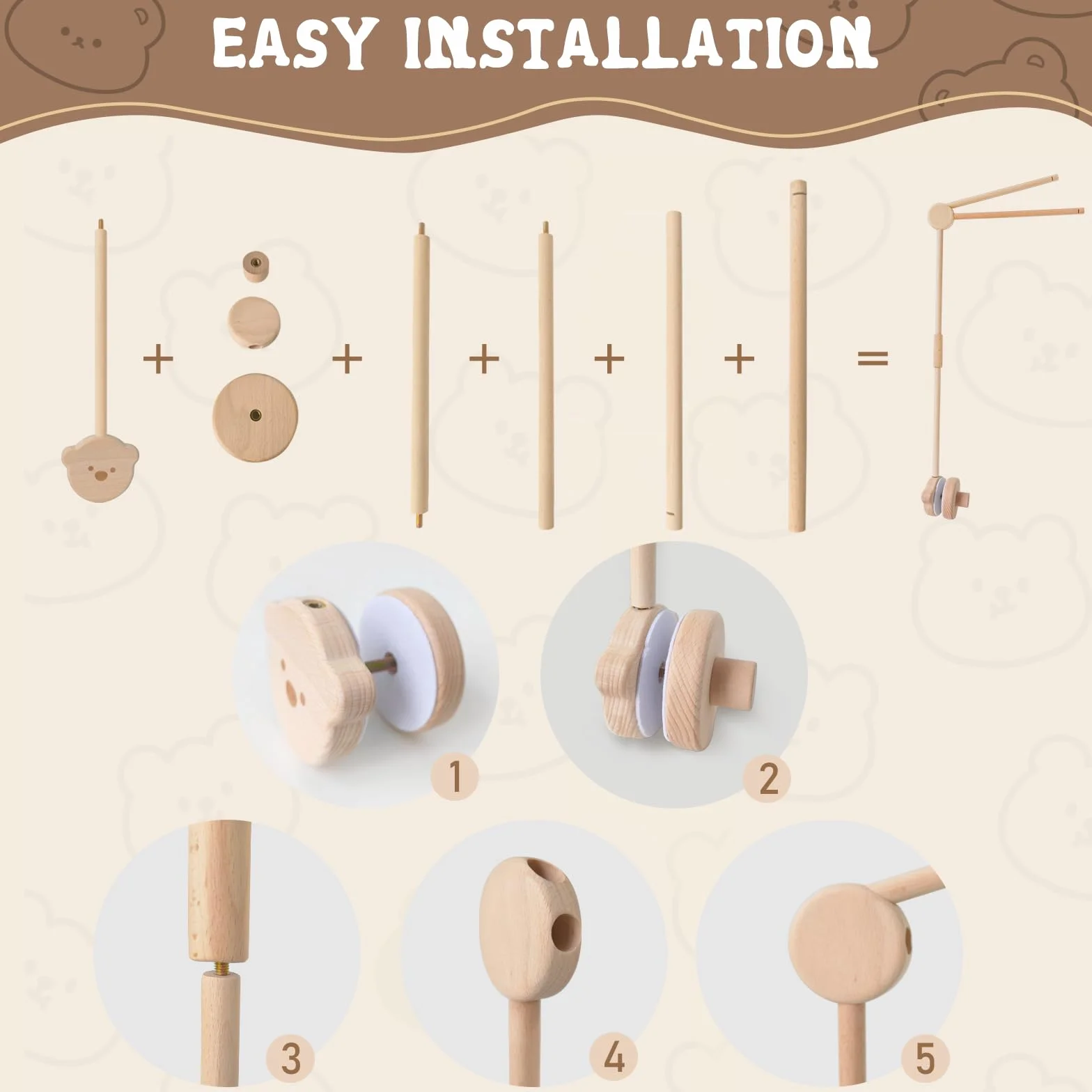 Soporte Móvil para Bebé, Soporte de Móvil para Cuna de Bebé, Soporte de Madera para Cuna, Brazo Móvil de Cuna, Bebé Móvil Titular de la Oso Diseño, para Colgar Campanas de Viento, Juguetes