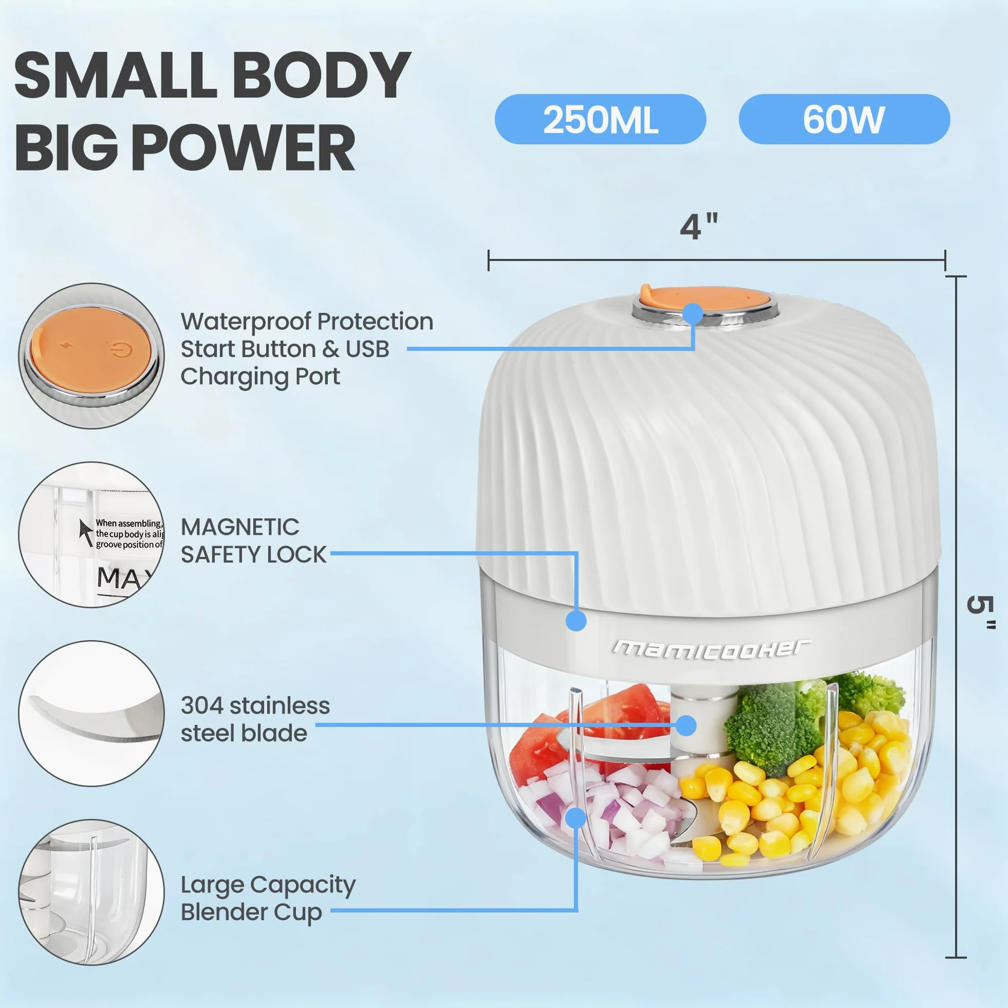 Picador de ajo eléctrico, mini picador portátil de verduras, molinillo de ajo de 250 ml, picador de cebolla, licuadora a verduras, procesador de alimentos inalámbrico para jengibre, chile, fruta,