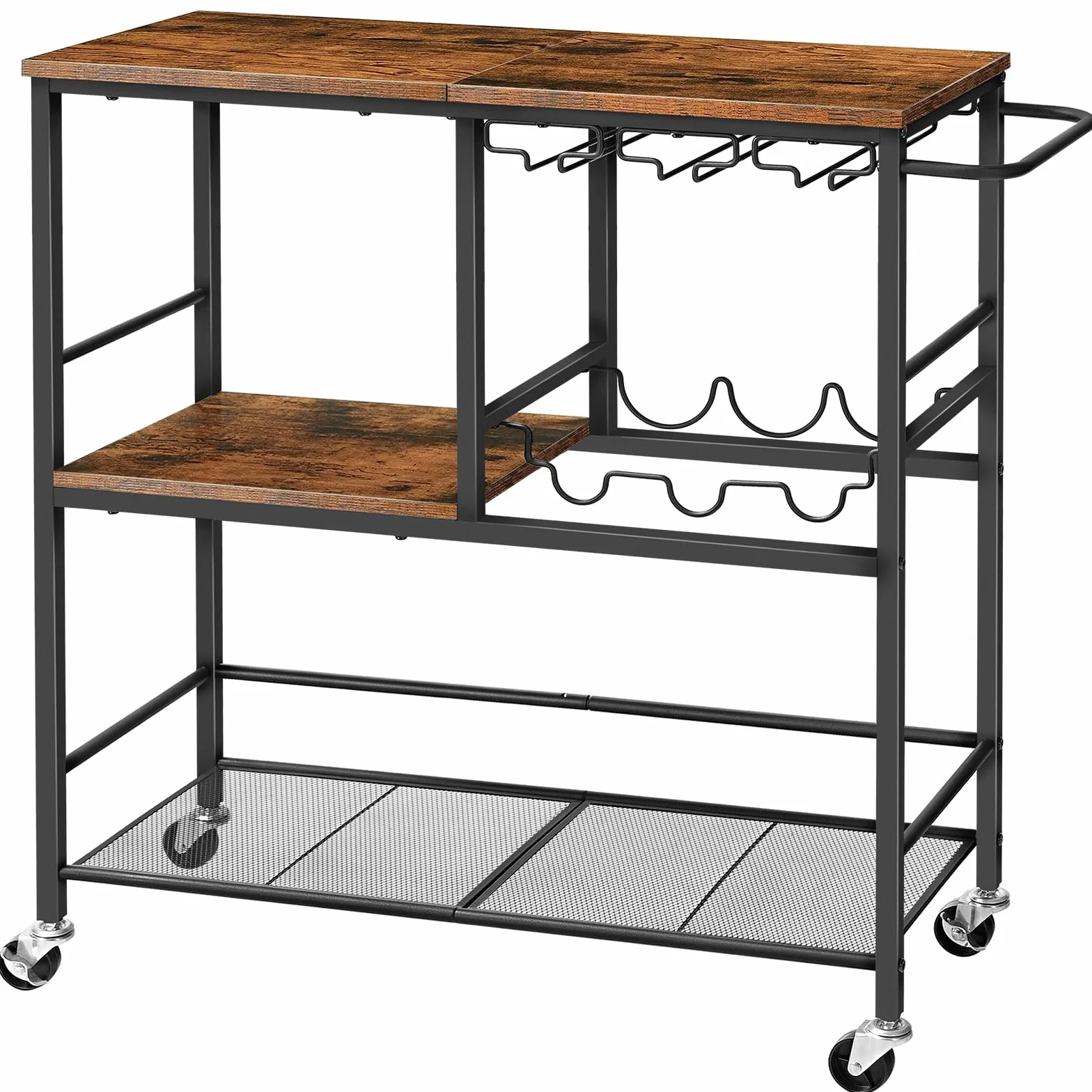 HOOBRO Carrito de Bar, Carro de Cocina con Botellero y Portavasos, Carro de Servicio de 3 Pisos con Ruedas Giratorias y Bloqueables, Apto para Comedor, Salón, Fiesta, Bar, Vintage y Negro EBF21TC01
