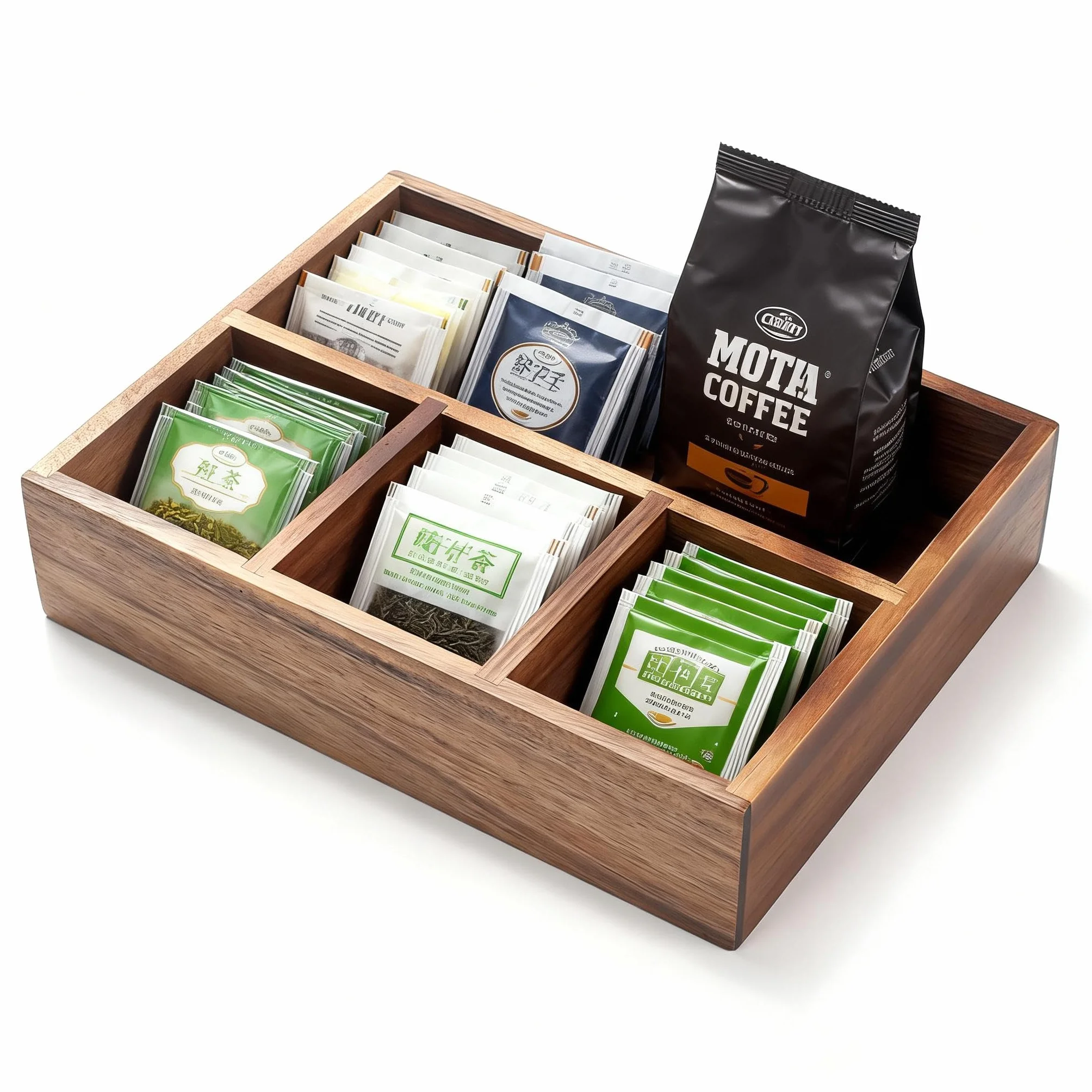 XIMISISE Soporte para bolsas de té, organizador de almacenamiento de bolsas de té de madera de acacia, cesta de dulces de té, organizador de paquetes de azúcar, organizador de condimentos de estación