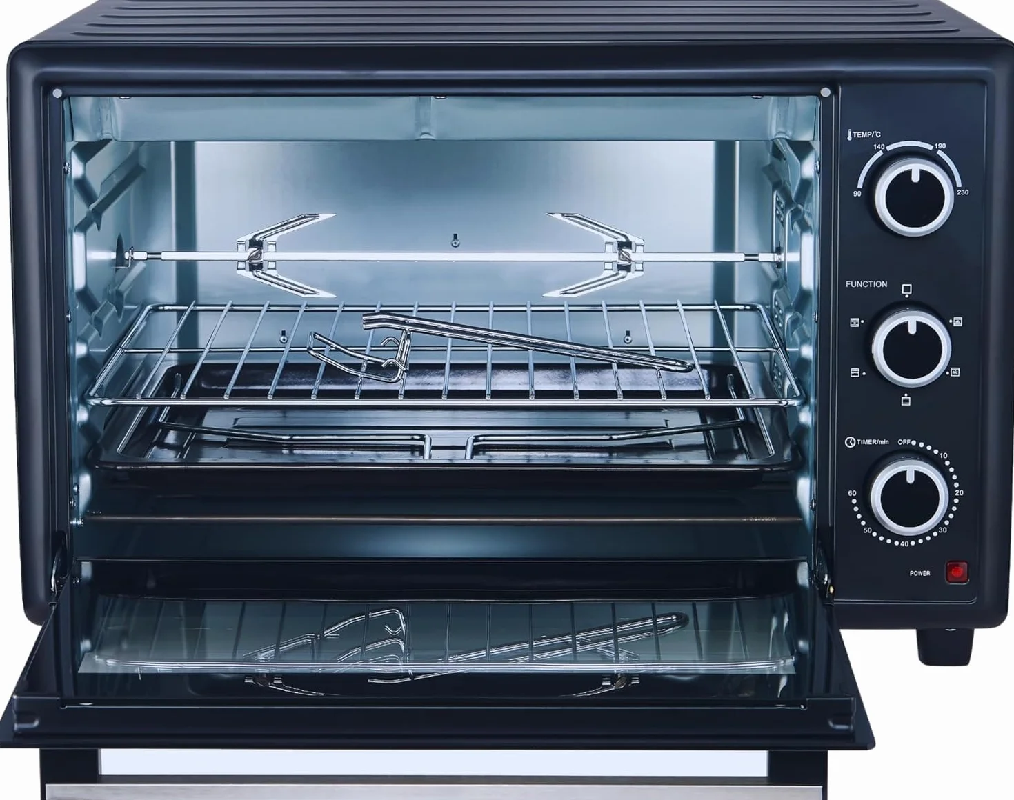 OptimumX Horno Eléctrico de Sobremesa 60L XXL con Convección, Asador Giratorio & Luz Interior, 2200W, 40–230 °C