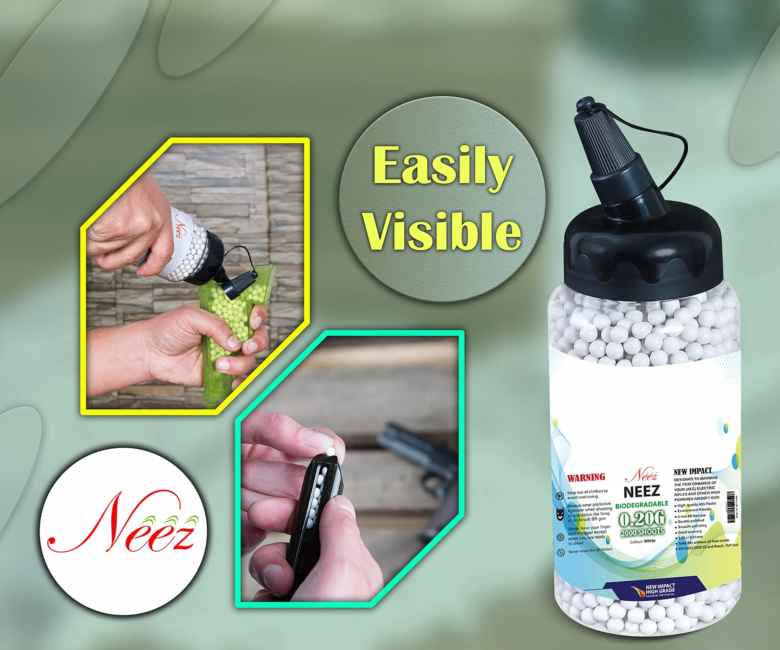 Neez Bolas Airsoft - Plastico Paintball Balas para Pistolas, Fusil, Armas - Bio BBS Bola 6mm 0,20 g BB Pellets 1000, 2000, 5000, 10000 Munición