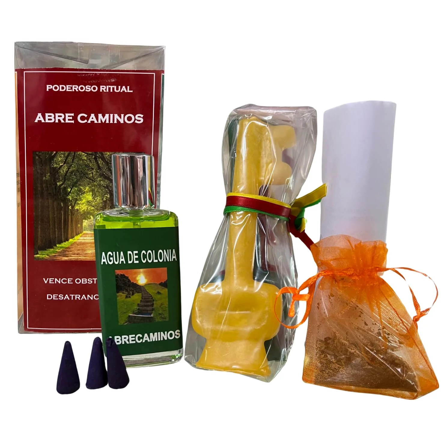 Ritual Abre Caminos: Pack con 3 Velones de Llave, 3 Lazos de Colores, Hierbas, Saco, Perfume, Conos de Incienso e Instrucciones de Uso con Oración | Ritual Completo para Desatrancar Situaciones.