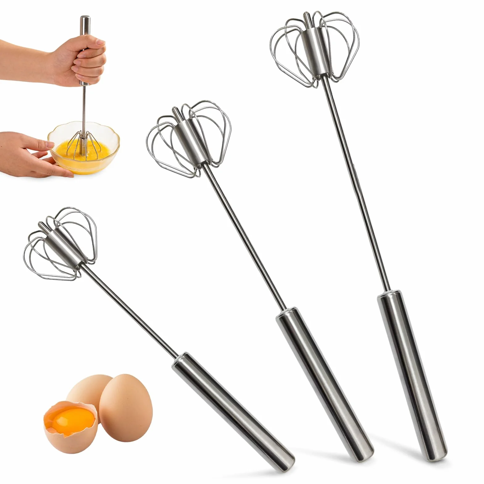 3 Piezas Batidor Semiautomático de Acero Inoxidable, Batidor Manual de Huevos con Mecanismo de Resorte Barillas Batir Manual para Mezclar, Revolver la Masa, Huevos, Espumar, Batir