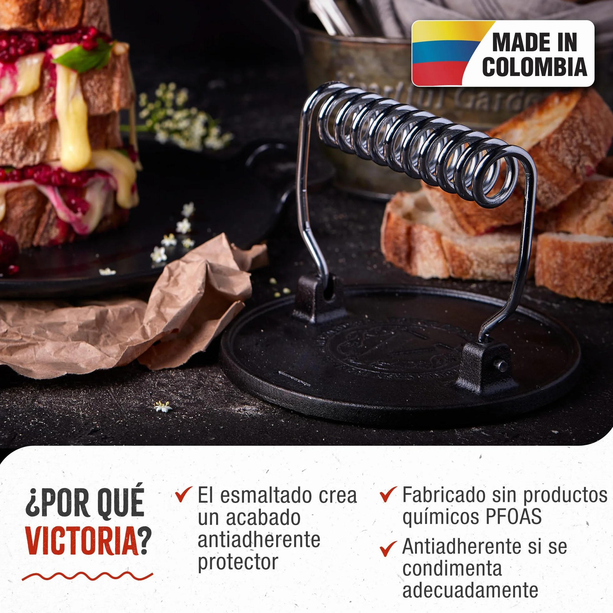 Victoria Prensa Hamburguesas Smash Burger Hierro Fundido Esmaltado 16,5cm Aplastador de Carne para Barbacoa Profesional, Mango Resistente al Calor, Libre de Tóxicos sin PTFE ni PFOA