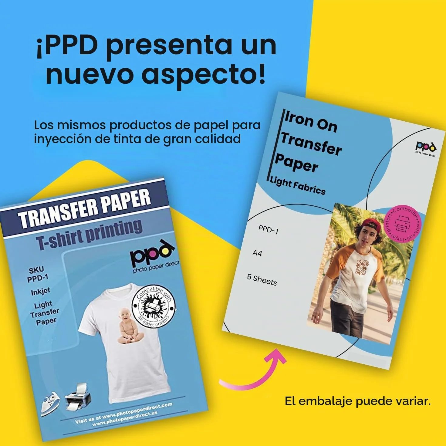PPD A4 x 5 Hojas de Papel de Transferencia Térmica Para Camisetas, Mascarillas y Tejidos Claros - Para Impresora de Inyección de Tinta Inkjet - PPD-1-5