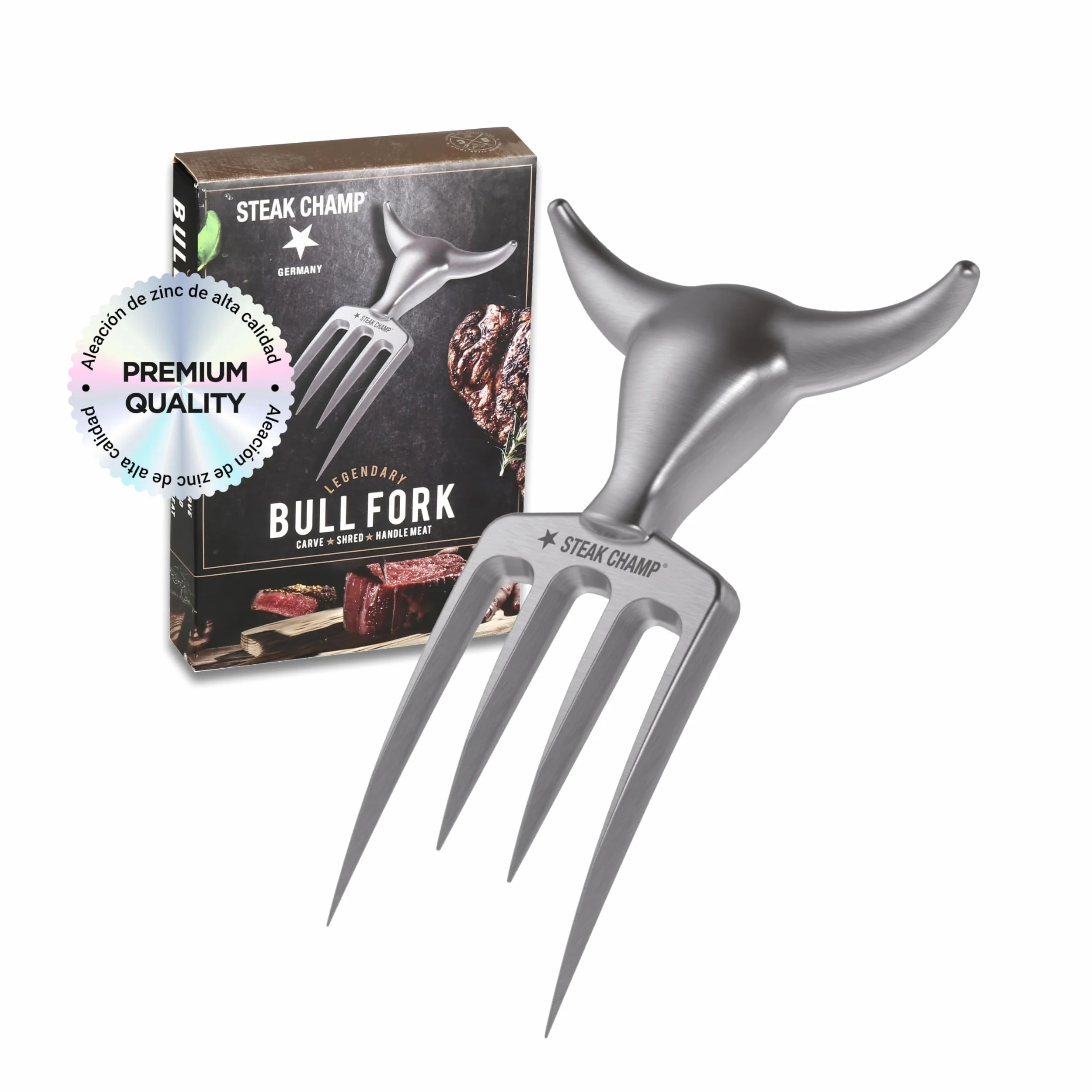 Tenedor de carne Steak Champ Bull Fork, 16,5 cm: Tenedor sólido para servir, cubiertos para trinchar, con aleación de zinc, cromado, apto para lavavajillas