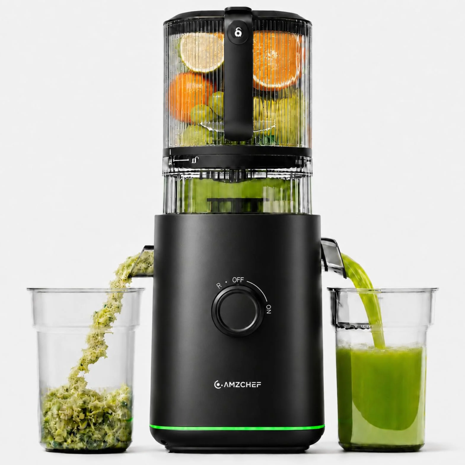 AMZCHEF Extractor de Zumos Prensado en Frío 600W, Licuadora con Boca XL 160 mm, Slow Juicer 2,5 L para Frutas y Verduras Enteras, 2 Filtros (Zumo, Leche Vegetal, Sorbete), Fácil de Limpiar, Negro Mate