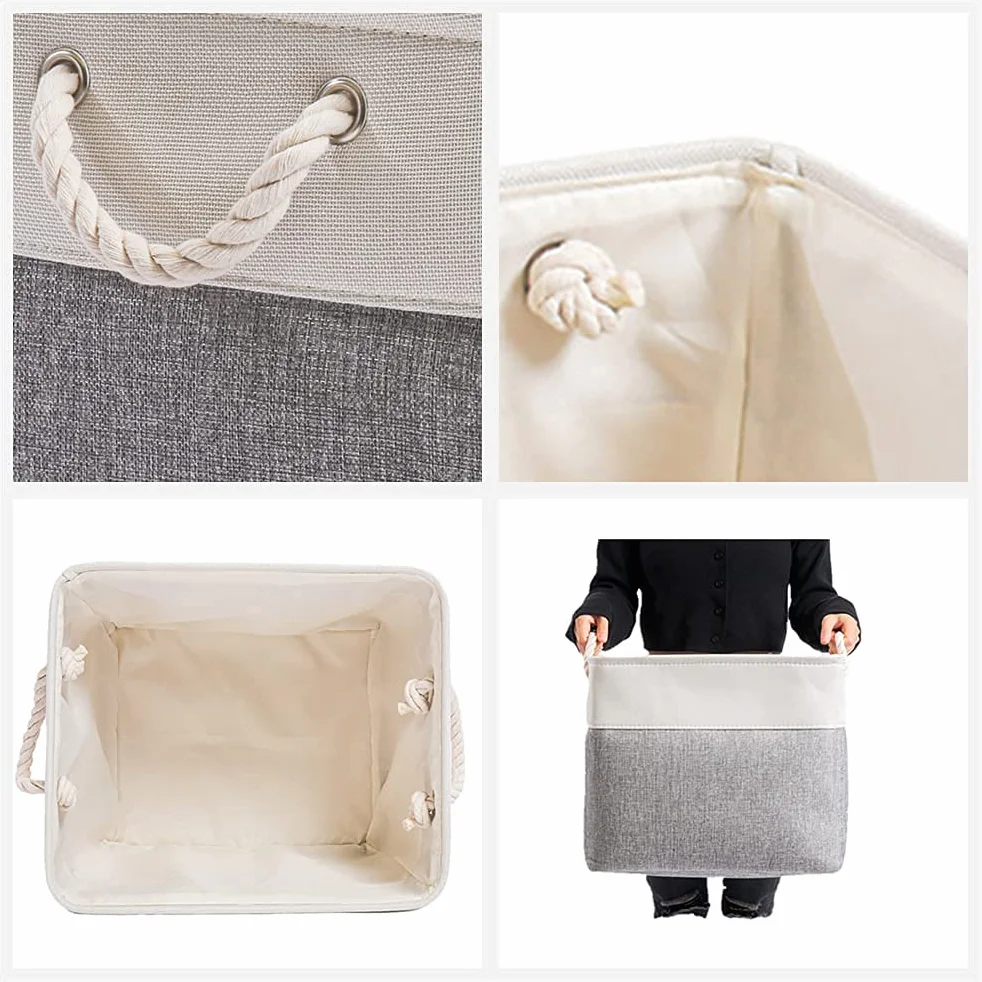 Mangata Cestas Almacenaje Plegables de Lona Engrosada 33x38x33 cm con Asas de Cuerda Gris/Blanco 1 Pack