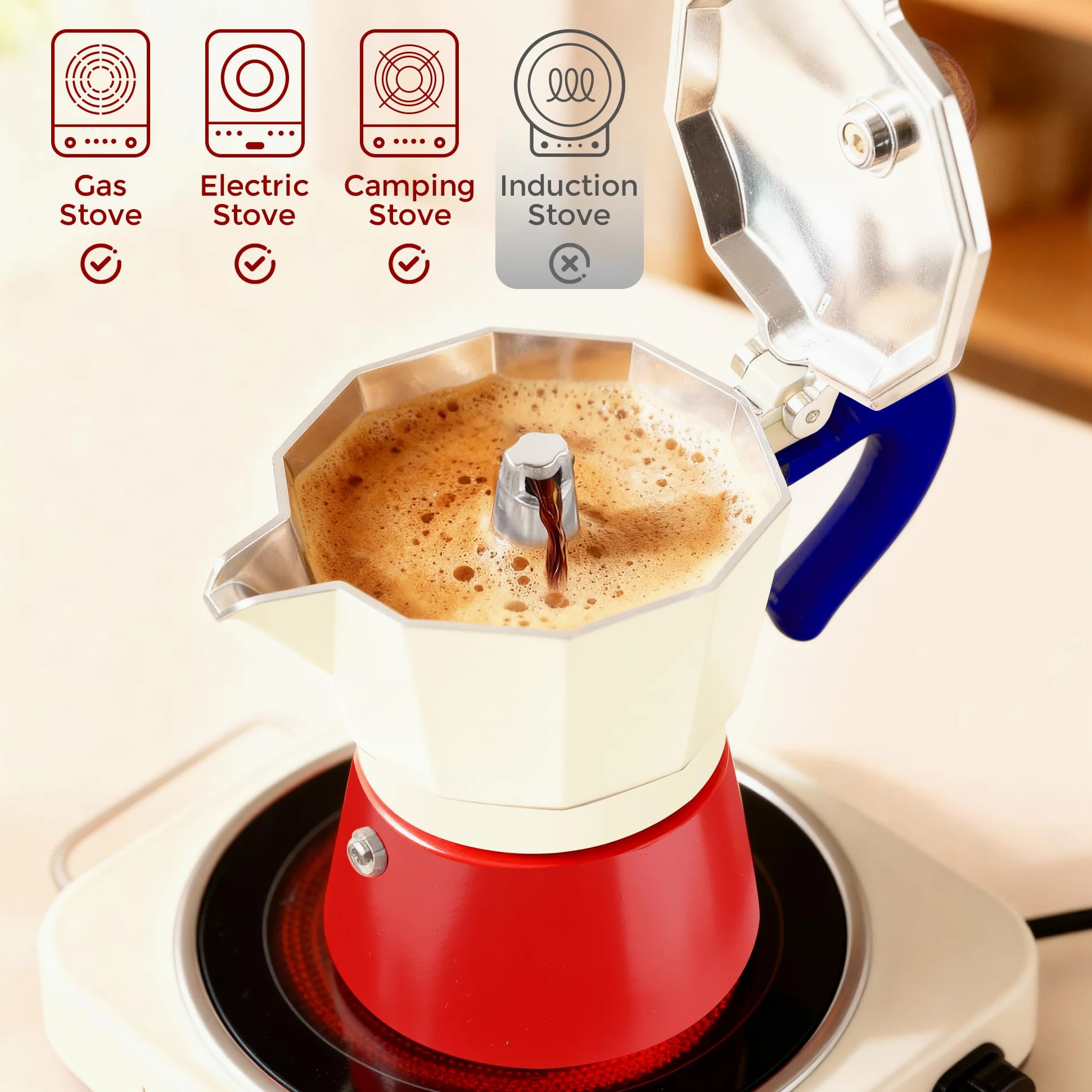 ShanSon Moka Pot - Cafetera italiana de 3 tazas de 5 onzas, cafetera italiana manual de percolador de café cubano, cafetera italiana espresso Greca para capuchino o café con leche, rojo/blanco