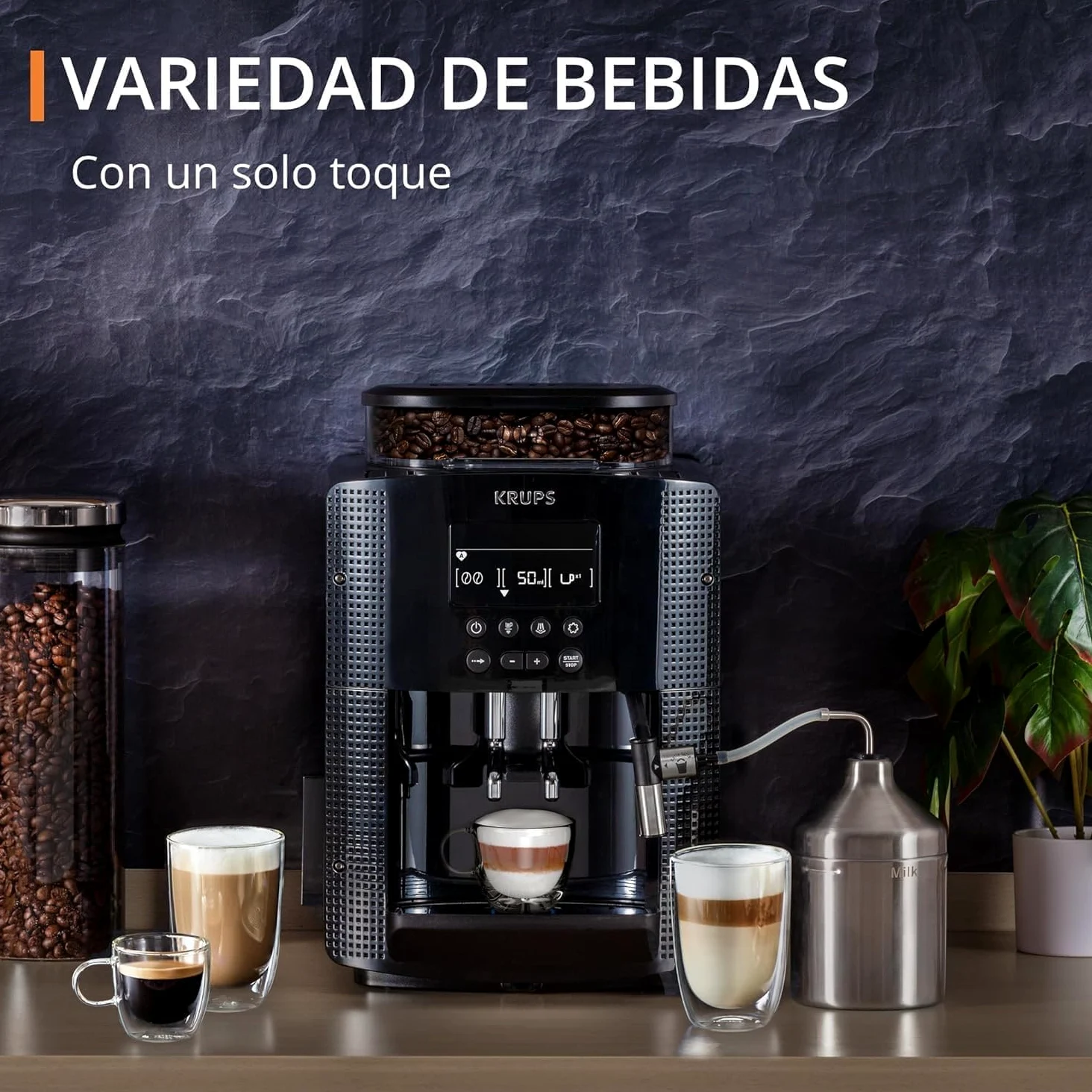 Krups Essential, Cafetera superautomática, Depósito de agua de 1,7 L, 3 niveles de temperatura, 3 texturas de molienda, 15 Bares, Pantalla LCD intuitiva, Incluye accesorio para la leche, Negra, EA8160