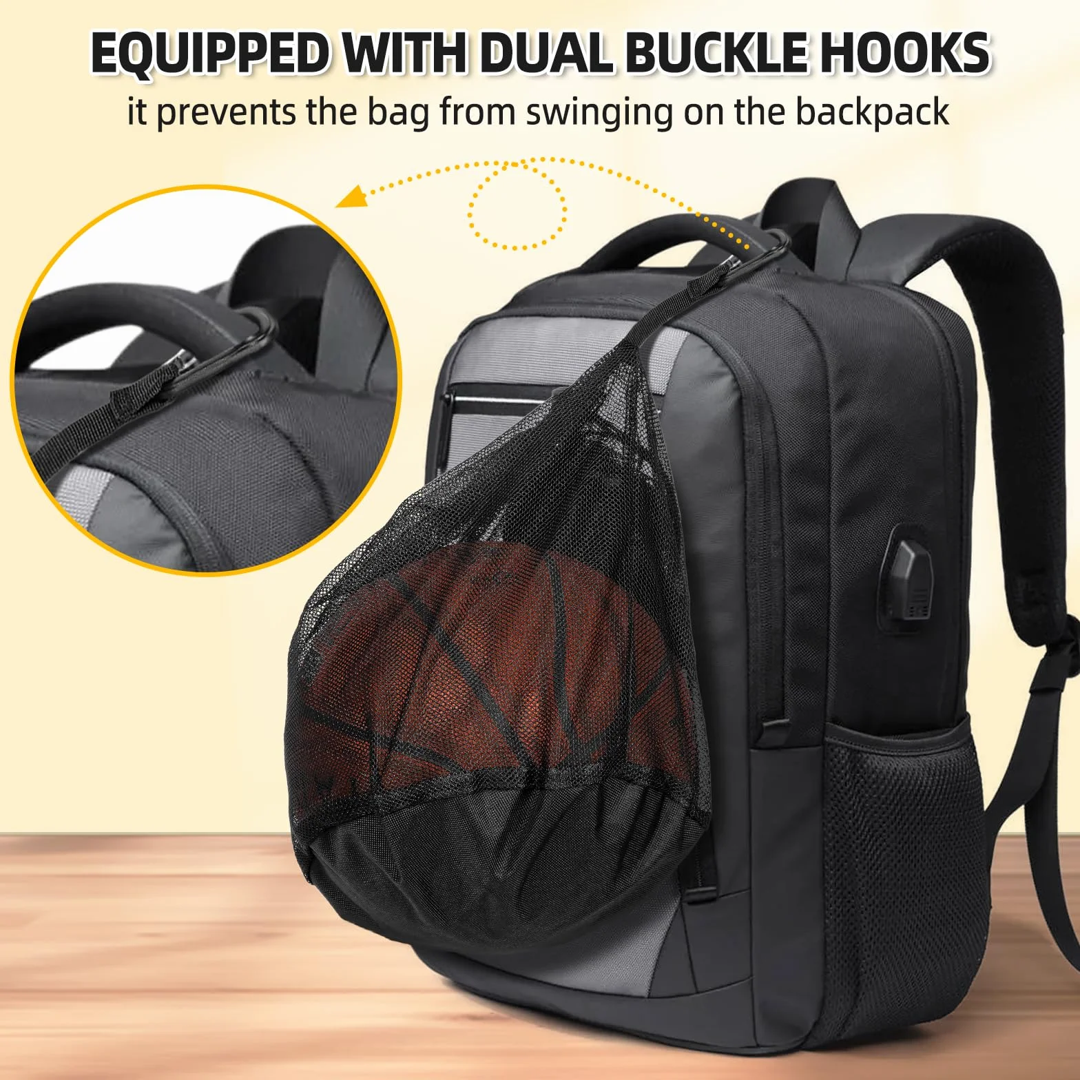 Bolsa Baloncesto 16L con Red Plegable - Bolsa Cremallera Mosquetón para Baloncesto Fútbol