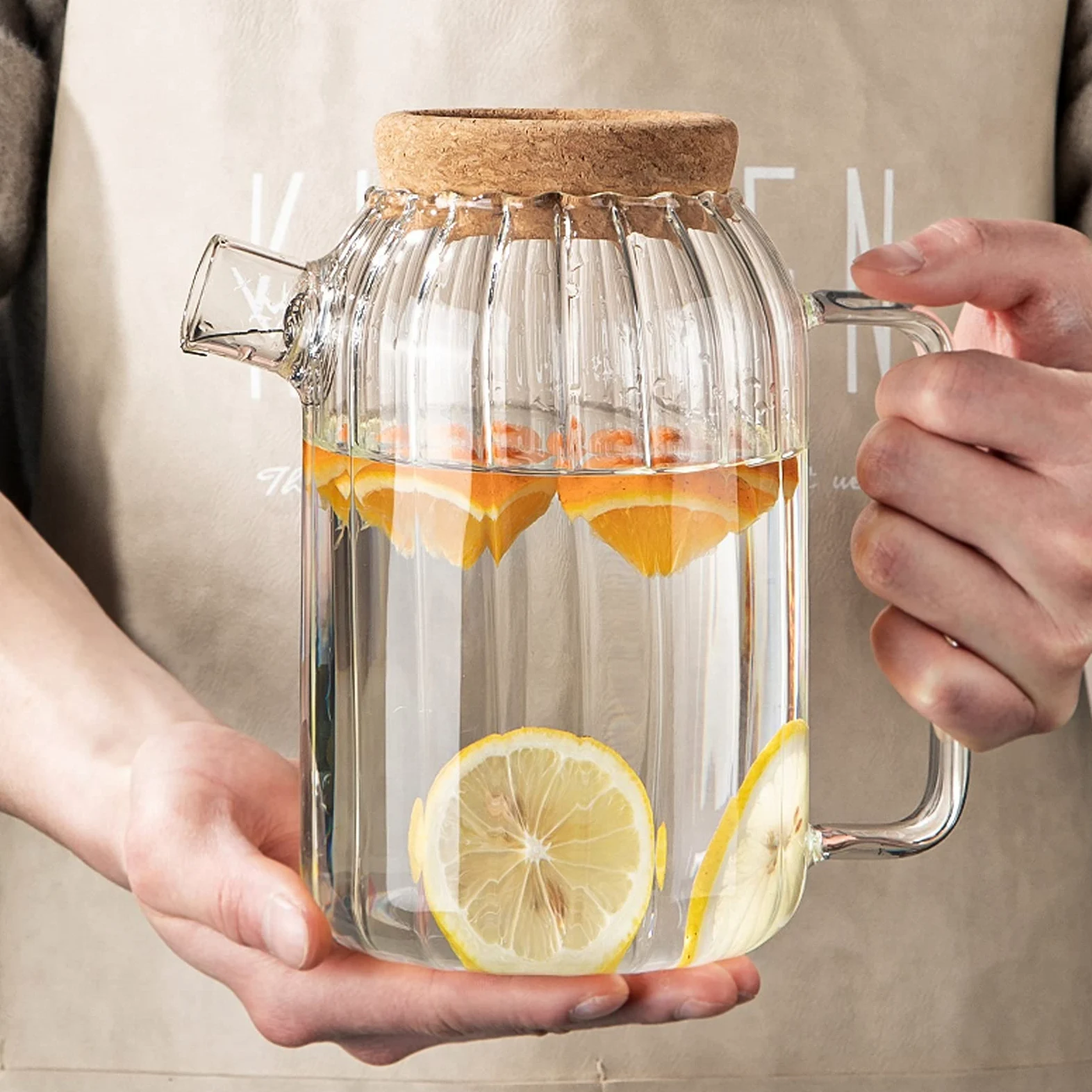 Jarra Agua Fria Jarra de vidrio de borosilicato con gorra de corcho Hogar de cristal resistente al calor Jarrafa con mango eléctrico estufa de cerámica calentamiento tetera Jarra Agua Detox Frutas