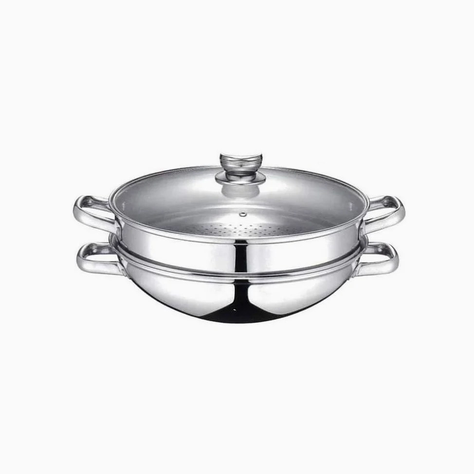 Baumalu, Wok vapor de 32 cm 2 en 1 de acero inoxidable, con asas remachadas, tapa de cristal, compatible con cocinas de gas, inducción y eléctricas, ideal para freír y cocinar al vapor