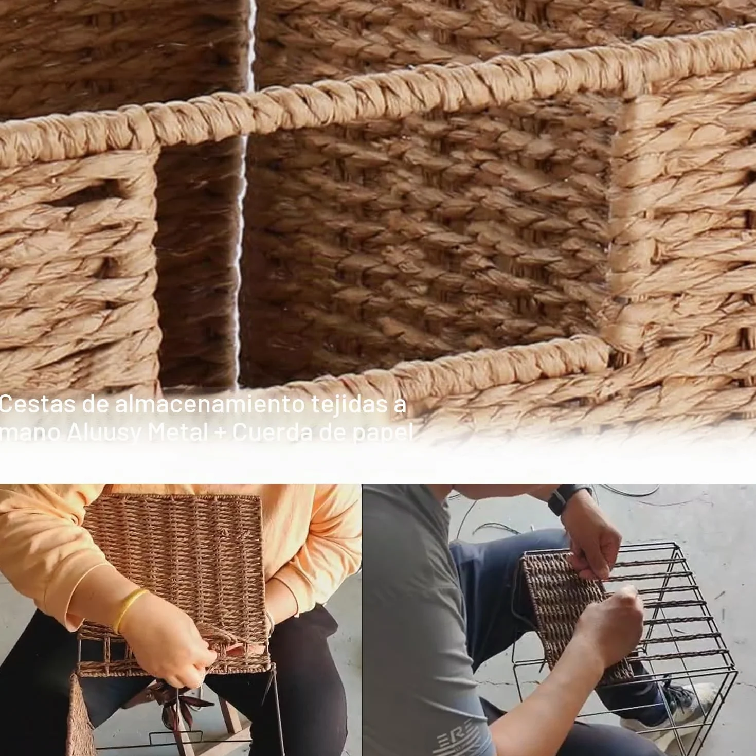 2 Cestas de Almacenaje, Cesta Mimbre Tejidas a Mano Cubo 28CM, Cesta Grande Plegable de Papel de Jacinto de Agua con Asas, Cesto Decorativo para Baño Estanterías Kallax Cocina