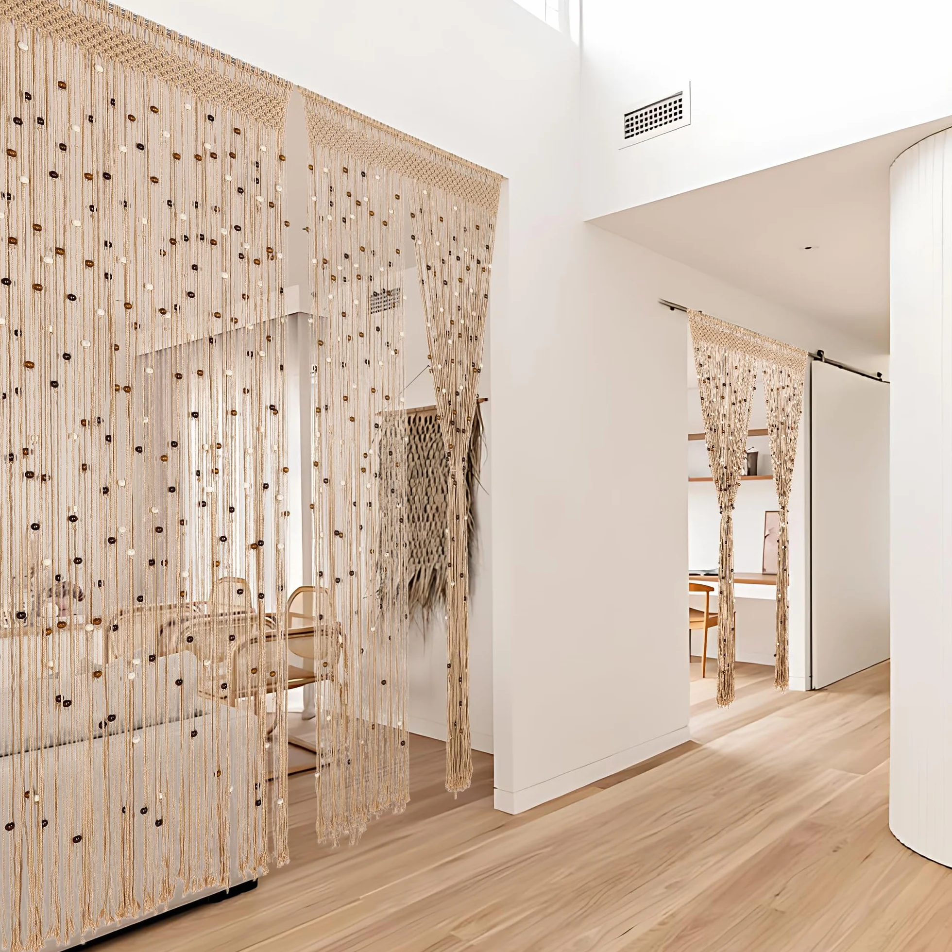 BECHAEO Cortina de Cuentas de macramé, Hecha a Mano, de algodón, para Puerta, Ventana, Cuentas de Madera, Colgante, Divisor de habitación, Armario, Dormitorio, decoración de privacidad, 2 Paneles de