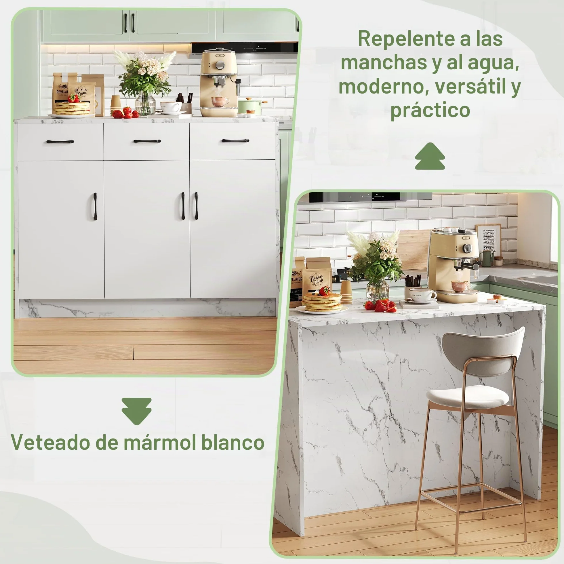 Isla de cocina grande 120 x 60 x 90,5 cm, 3 cajones y 3 puertas, diseño de mármol blanco, estantes ajustables, cajones silenciosos, diseño de área de bar - Utensilios de cocina elegantes y prácticos