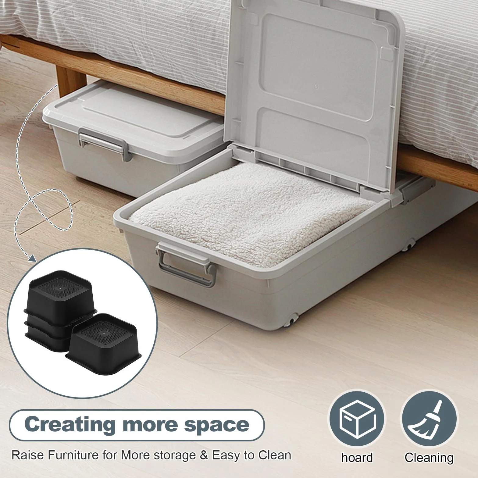 4 elevadores de muebles de plástico negro en forma de L de 3 pulgadas, patas ajustables para cama y mesa con almohadillas antideslizantes