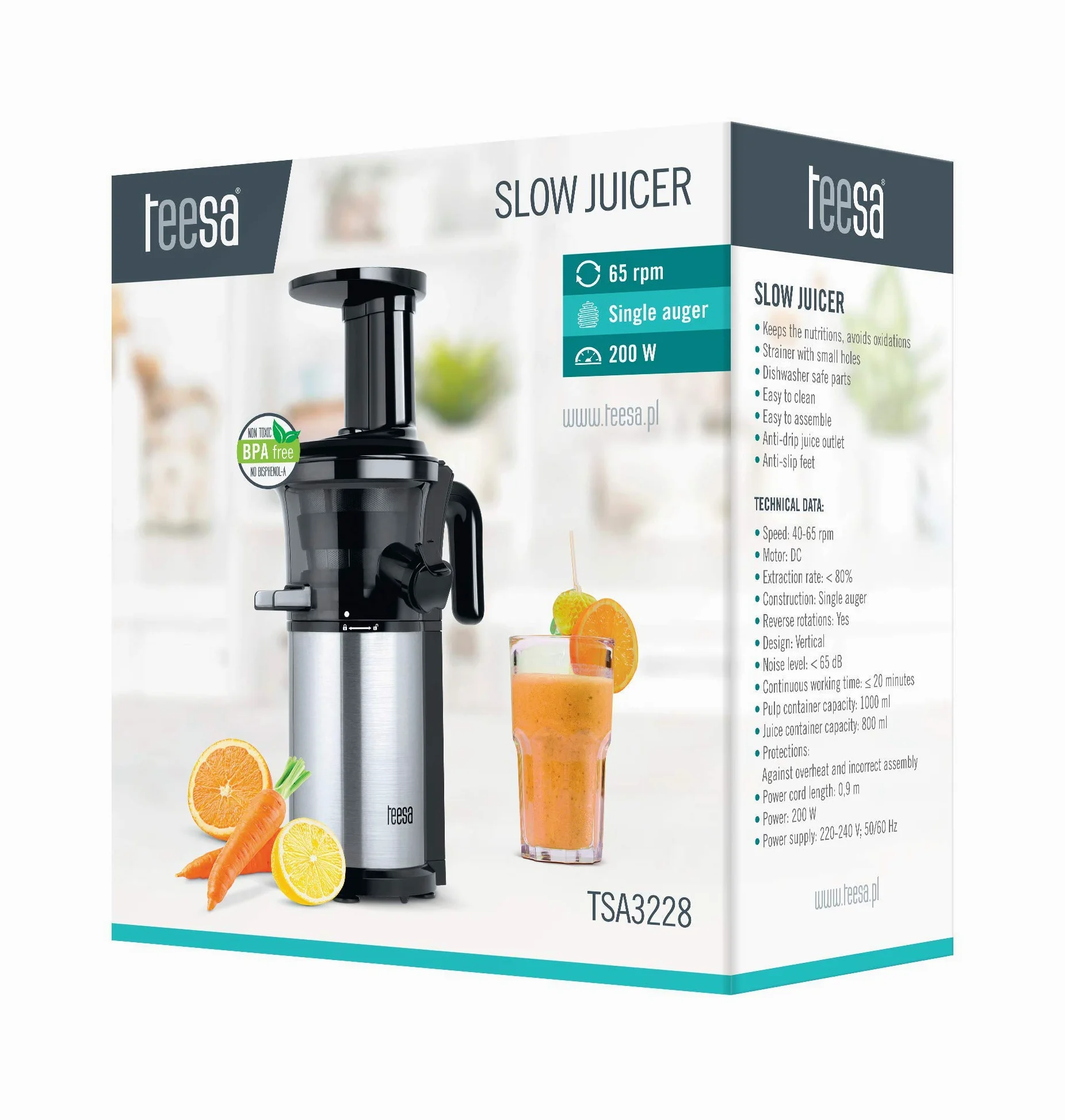 Teesa TSA3228 - Exprimidor lento, color negro