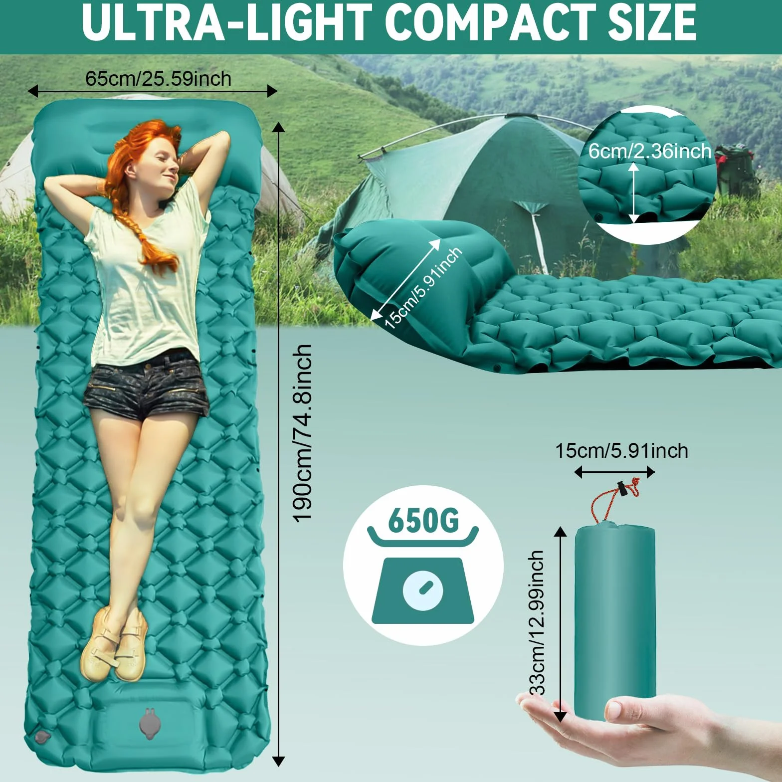 Colchoneta Camping Autoinflable Individual con Bomba de Pie y Almohada, Colchón de Aire Ultraligero Compacto
