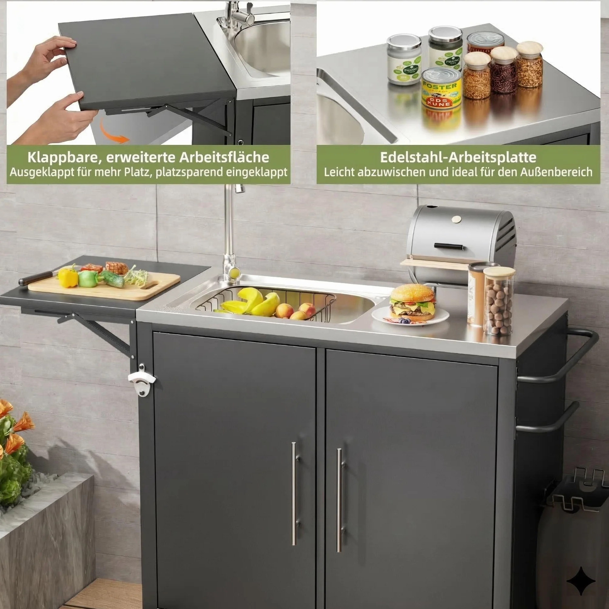Carrito de barbacoa enrollable con fregadero y encimera plegable, isla de cocina con armario de almacenamiento de acero inoxidable 304 para jardín, terraza y césped