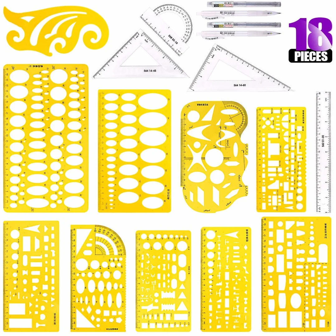 Sweet - Juego de 18 diseños geométricos de plástico amarillo, 10 diseños geométricos diferentes con 2 lápices y 5 reglas de medición