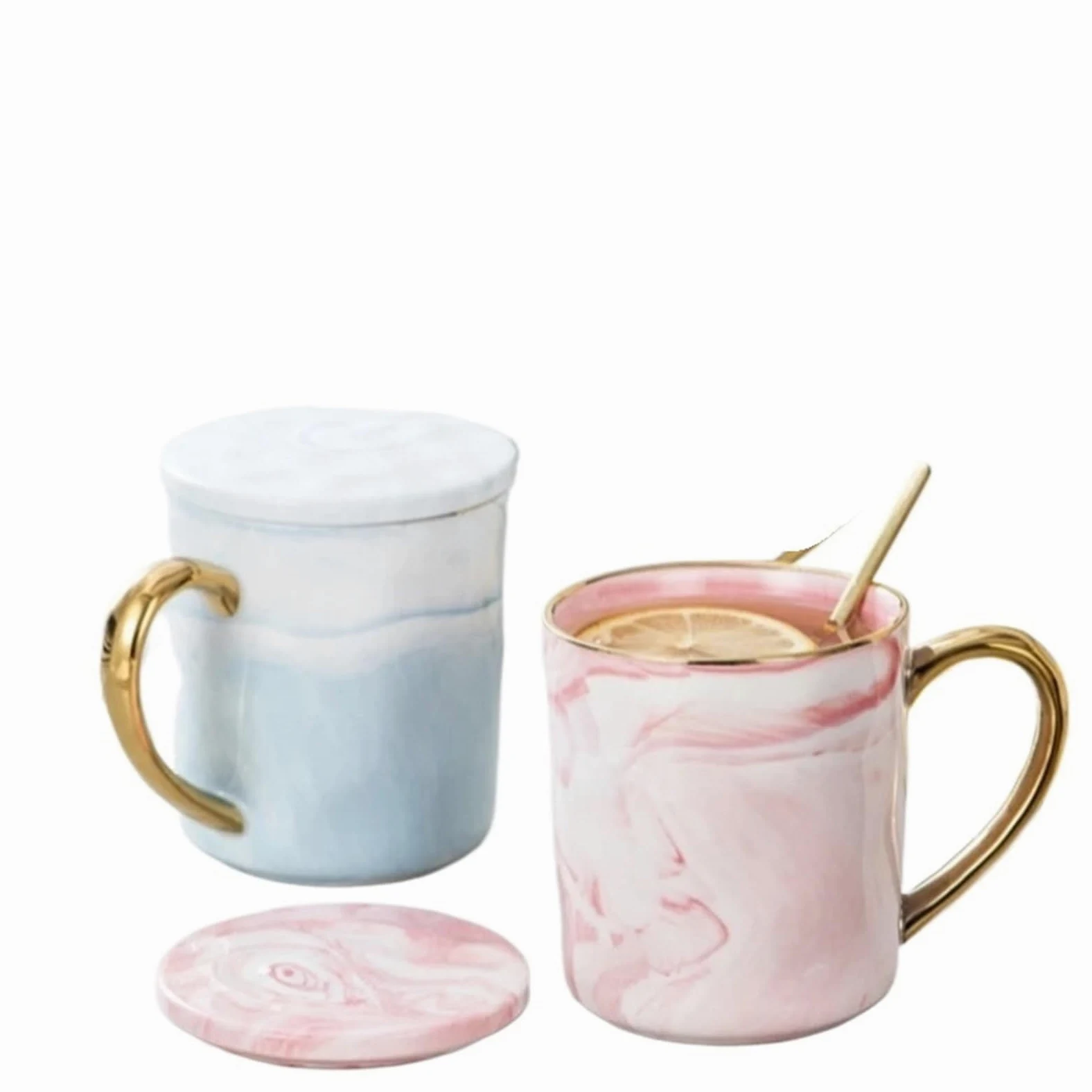 Taza de cerámica de 400ml, taza de café con borde dorado, taza de leche for té de avena for desayuno de aniversario de pareja, 1/2 Uds. Para Boda(2pcs pink blue)