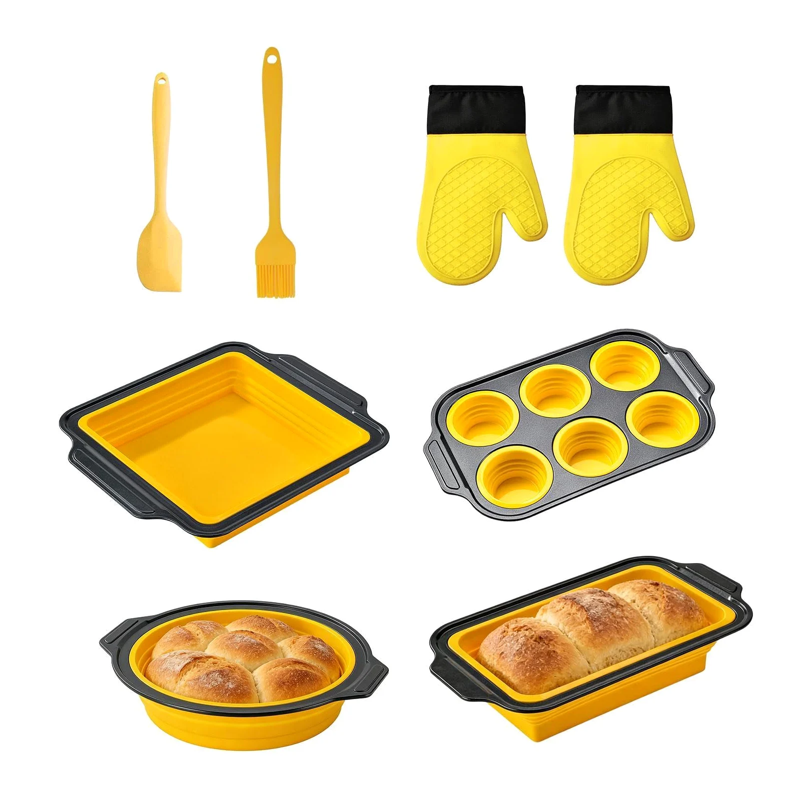 Juego de Moldes de Silicona para Hornear Vajilla Flexible para Hornear | con Guante, Rasqueta y Cepillo Set Apilable Para pan, galletas, huevos, horno, tostadora