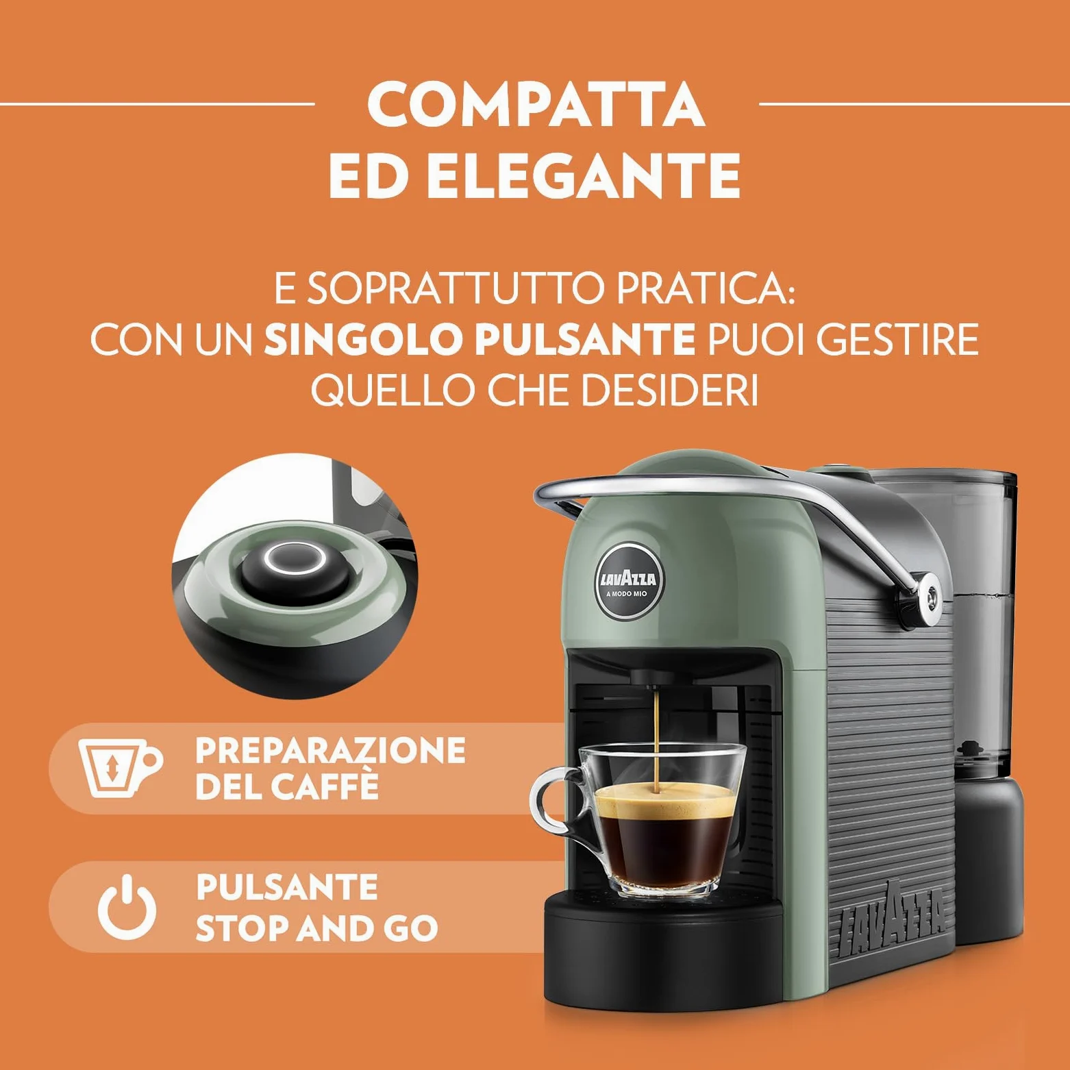 Lavazza, A Modo Mio Jolie Evo, Cafetera de 36% Plástico Reciclado, Máquina de Café Expreso con 64 Cápsulas Lavazza, A Modo Mio Crema y Sabor Clásico Incluido, Verde