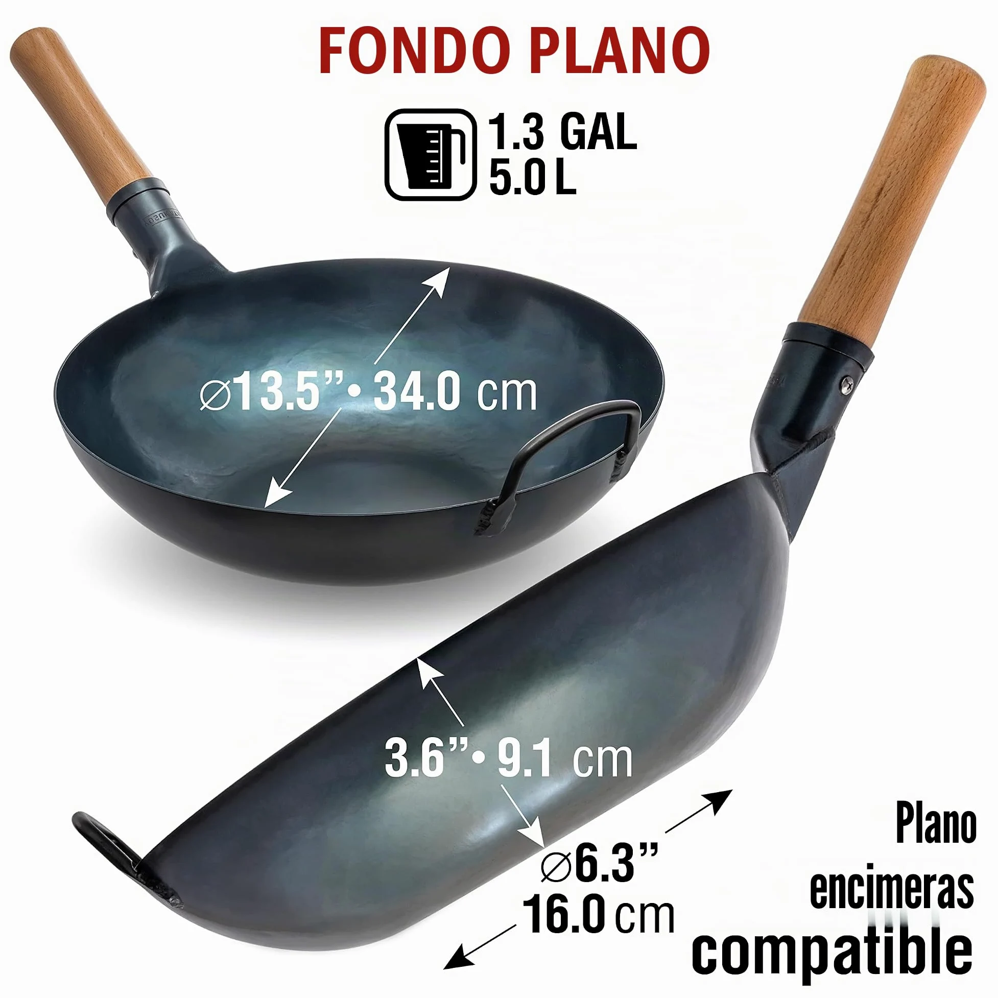 YOSUKATA Sartén Wok de Acero al Carbono 34 cm + Tapa Para Sartén Wok de Madera Natural de 34 cm