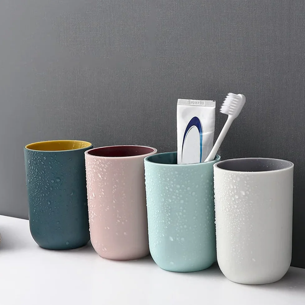 4 Vasos de Dientes de Plástico para el Cuarto de Baño, Vasos Reutilizables, Vasos Multifuncionales (Gris Claro, Azul Oscuro, Rosa Claro, Verde Claro)