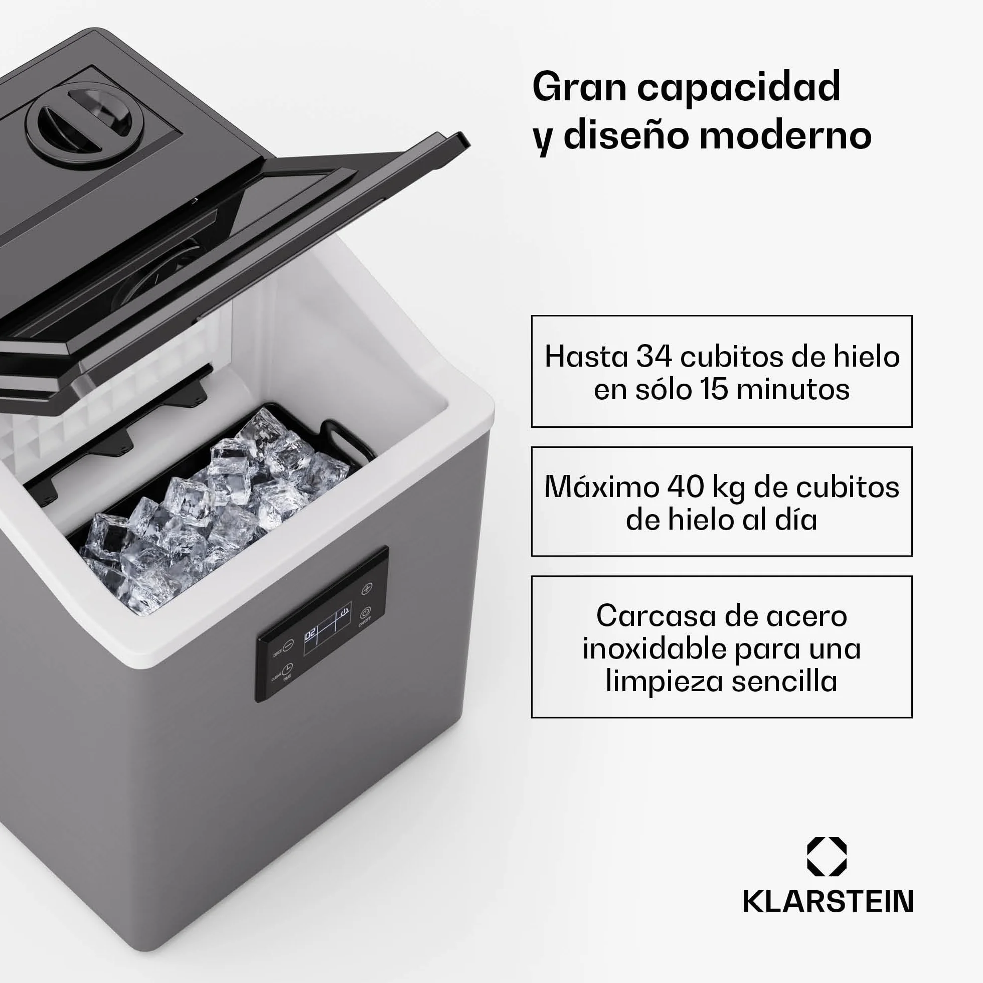 Klarstein FrostMaster máquina de hielo - hasta 40 kg/día, 34 cubitos en 15 min, carcasa de acero inoxidable, panel led, fácil de limpiar, ideal para casa y fiestas