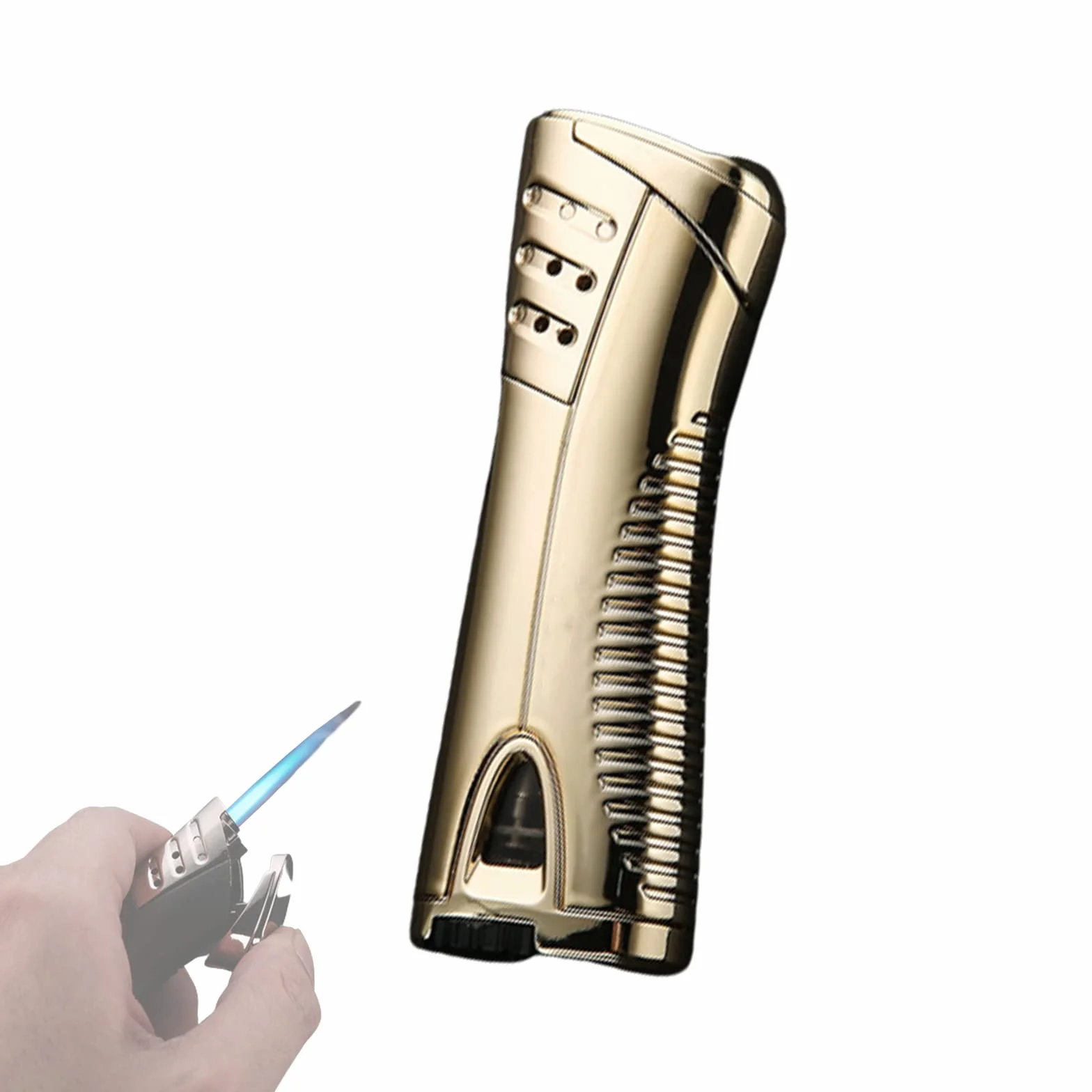 Encendedor de Metal Turbo Jet a Prueba de Viento, Encendedor de Cigarros de Gas Butano Recargable, Accesorios Ajustables para Fumar con Llama Azul, Regalo para Hombres,Gold