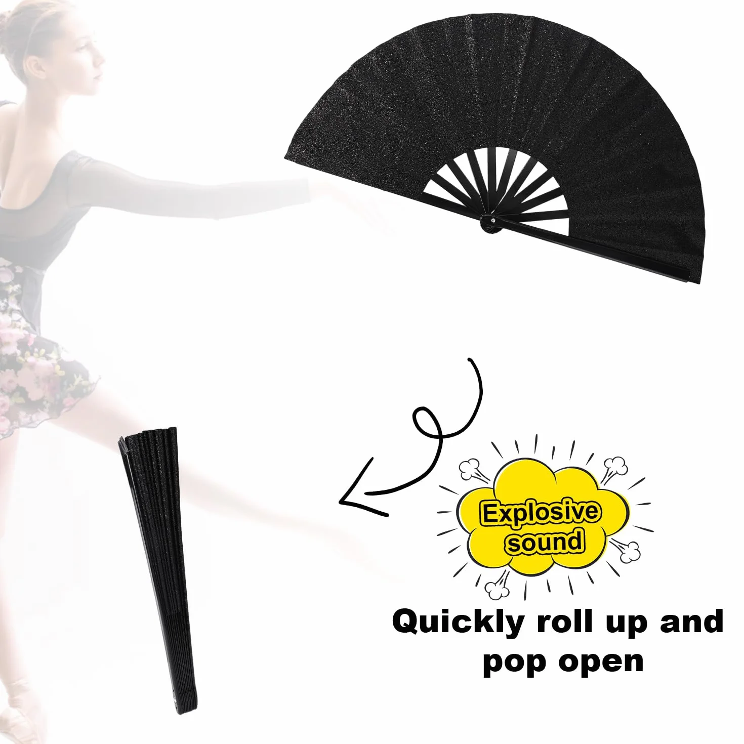 BOXOB Abanico de Mano Plegable Grande Brillante Negro Sonido Pop Clac Baile Línea Fiestas
