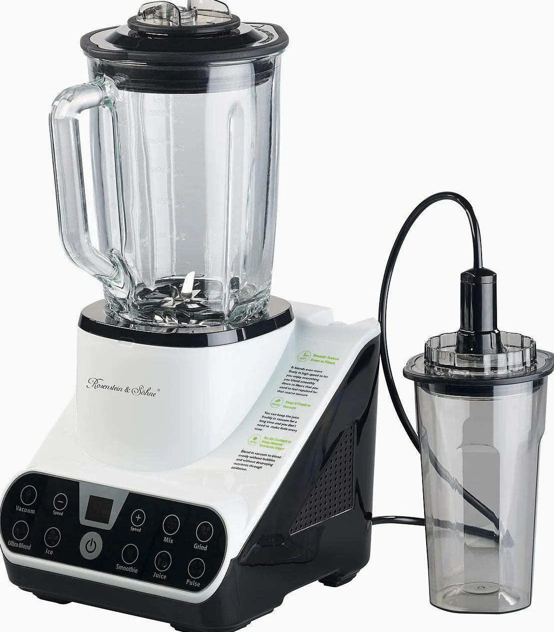 Rosenstein & Söhne vacío mezclador: Batidora de pie con función de vacío y pantalla táctil LED, 1,5 l, 1300 W (Procesadores de comida, Mezclador de alto rendimiento, Envasadoras al vacío)