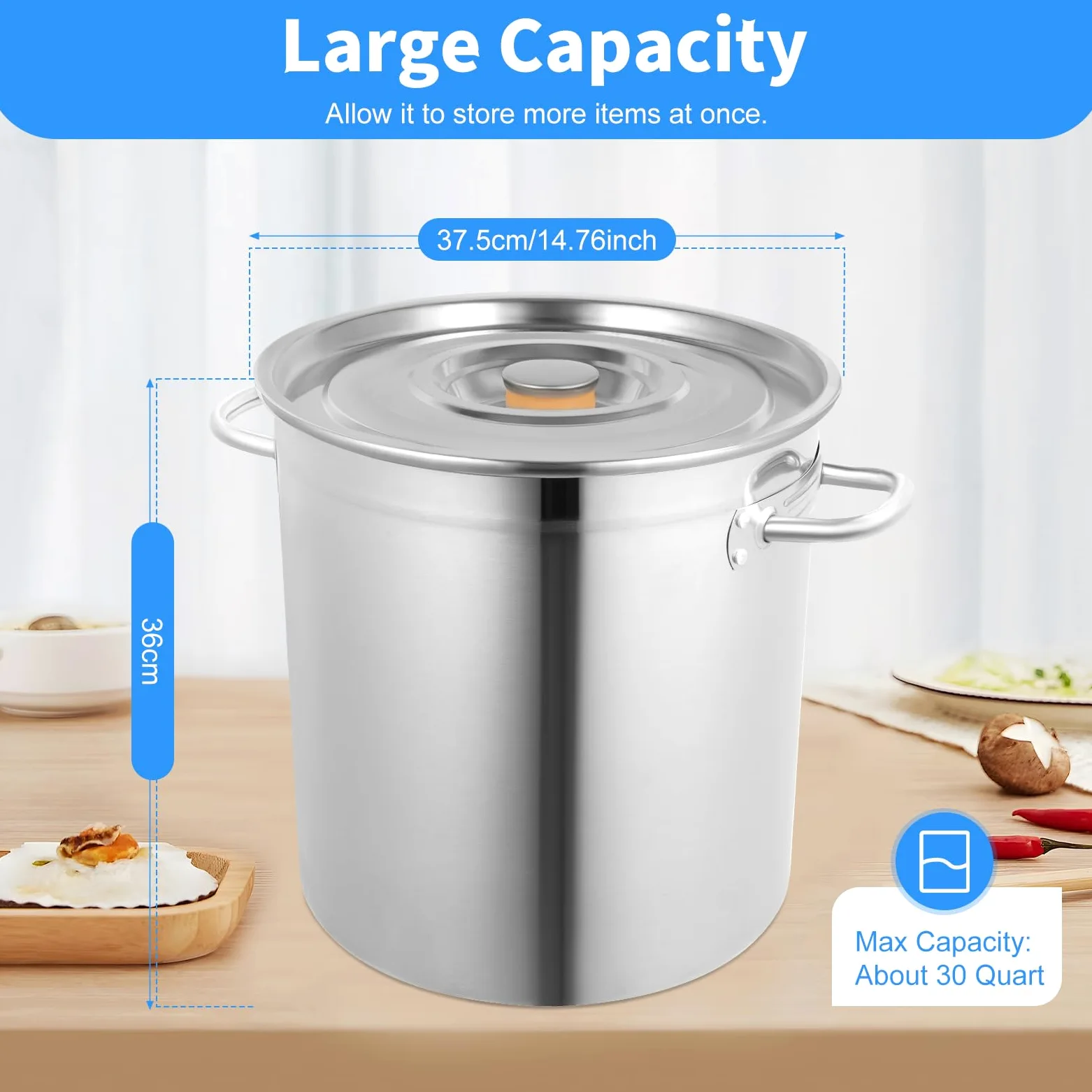Olla grande de 35 litros, de acero inoxidable, con asas y tapa, apta para todos los tipos de cocina
