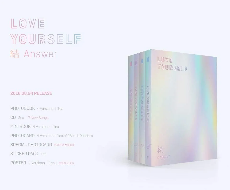 Bts BigHit Love Yourself Respuesta [aleatoria Ver.] 2Cd+Photobook+Mini+libro+Photocard Sticker Pack+Poster+plegado regalo libre (G)