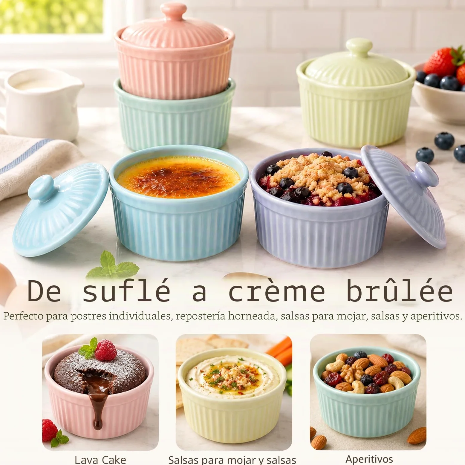 Meltset - Ramequines de 5.5 onzas con tapas, cuencos de cerámica aptos para horno, platos de porcelana para hornear soufflé, crema brulee, pastel de lava, postres de helado, aperitivos (juego de 5)