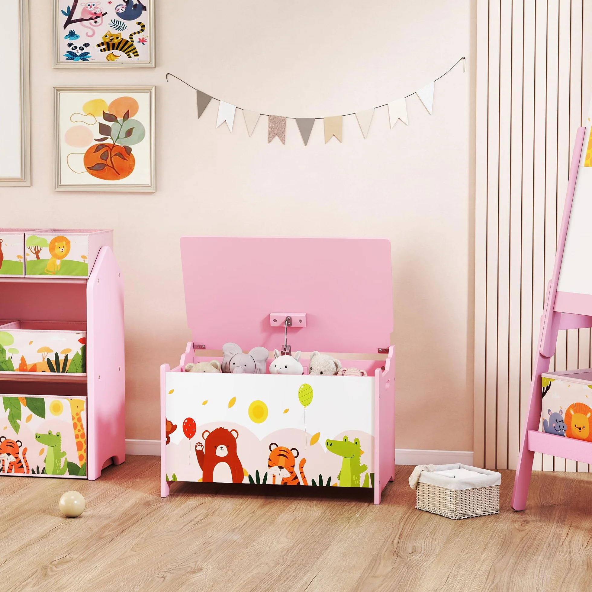 AIYAPLAY Caja de Almacenaje de Juguetes, Baúl Juguetes Infantil, Tapa Abatible con Cierre Suave, Asas, Estampados de Animales, para Libros, Ropa en Dormitorio, Sala de juegos, Guardería, Rosa